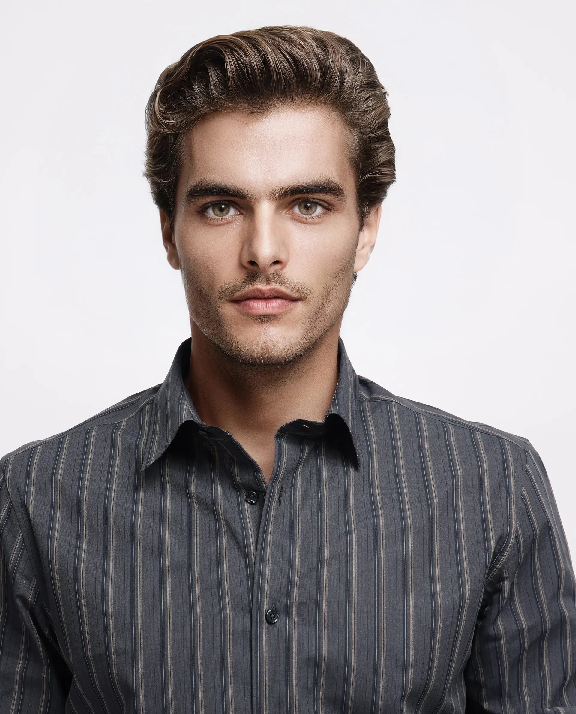 Rare Rabbit Men's Myro-3 Black Cotton Striped Print Regular Fit Full Sleeve Collared Shirt