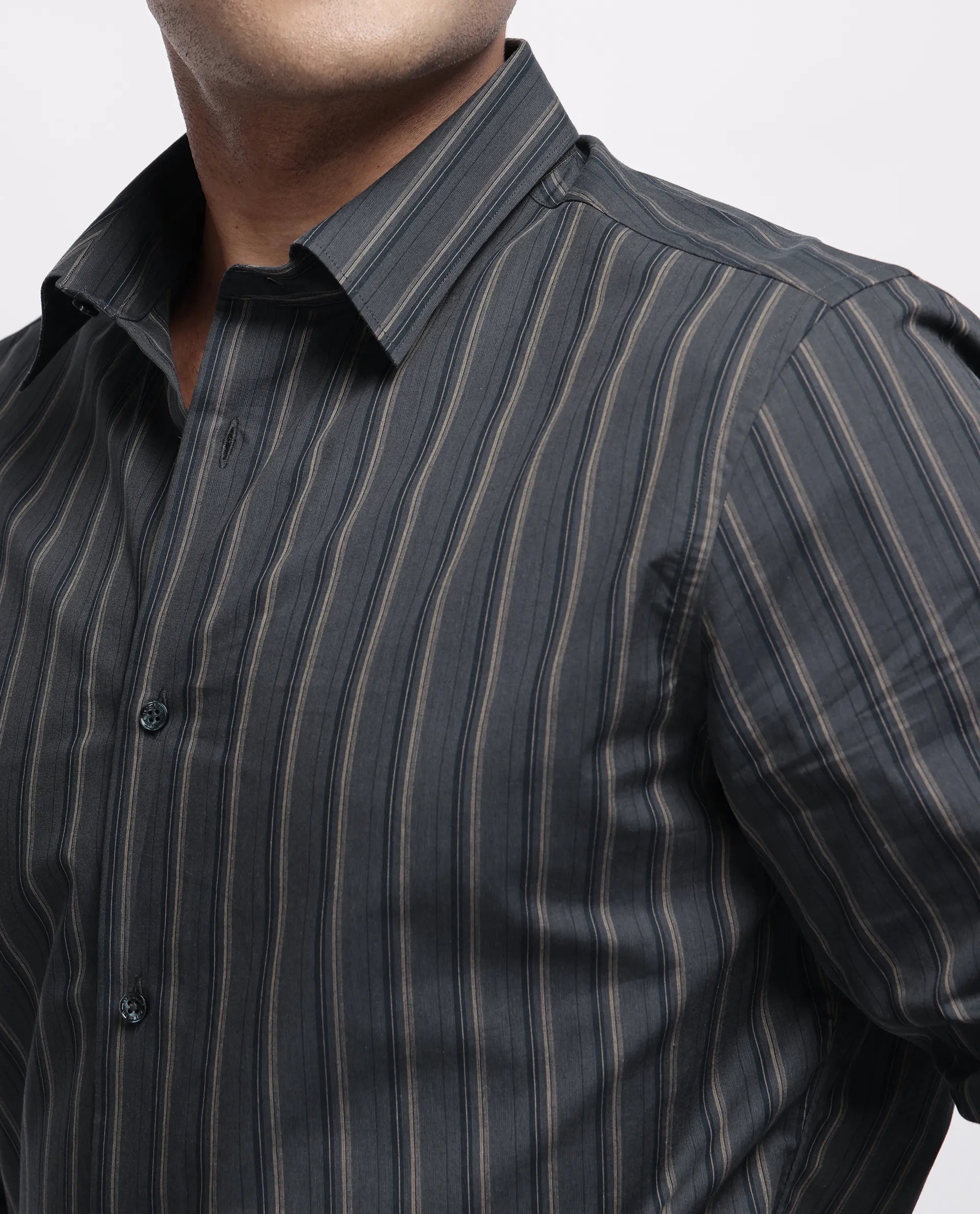 Rare Rabbit Men's Myro-3 Black Cotton Striped Print Regular Fit Full Sleeve Collared Shirt