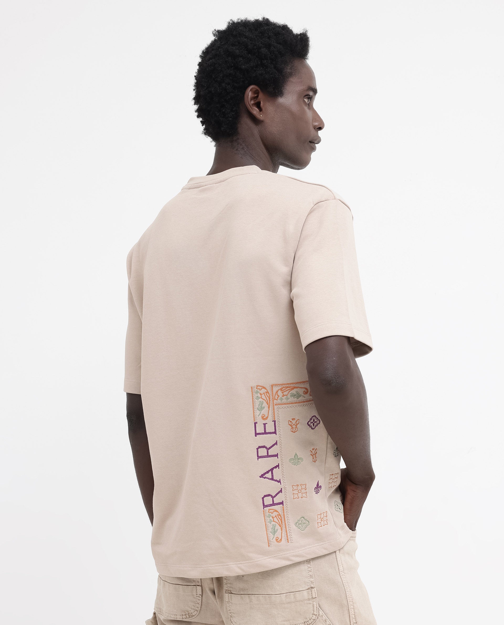 Rare Rabbit Mens Myro Beige Cotton Polyester Fabric Oversized Fit Embroidered T-Shirt