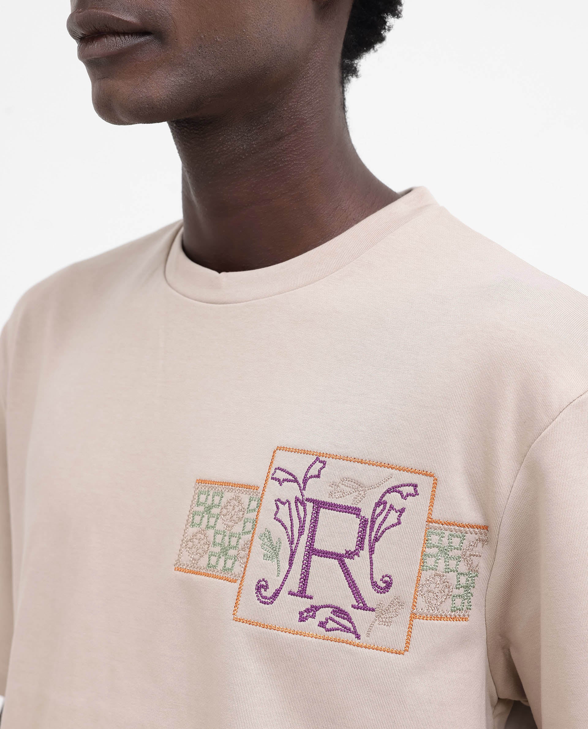 Rare Rabbit Mens Myro Beige Cotton Polyester Fabric Oversized Fit Embroidered T-Shirt