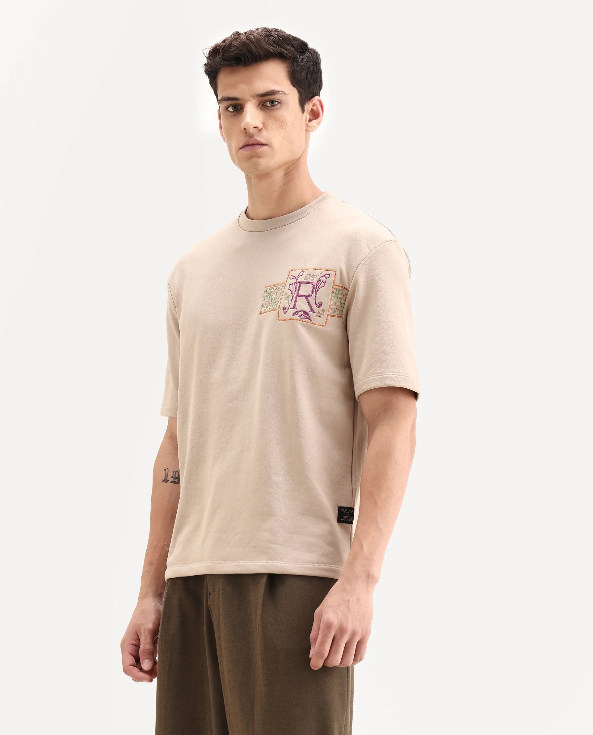 Rare Rabbit Men's Myro-1 Beige Polyester Embroidered Slim Fit Half Sleeve Crew Neck T-Shirt