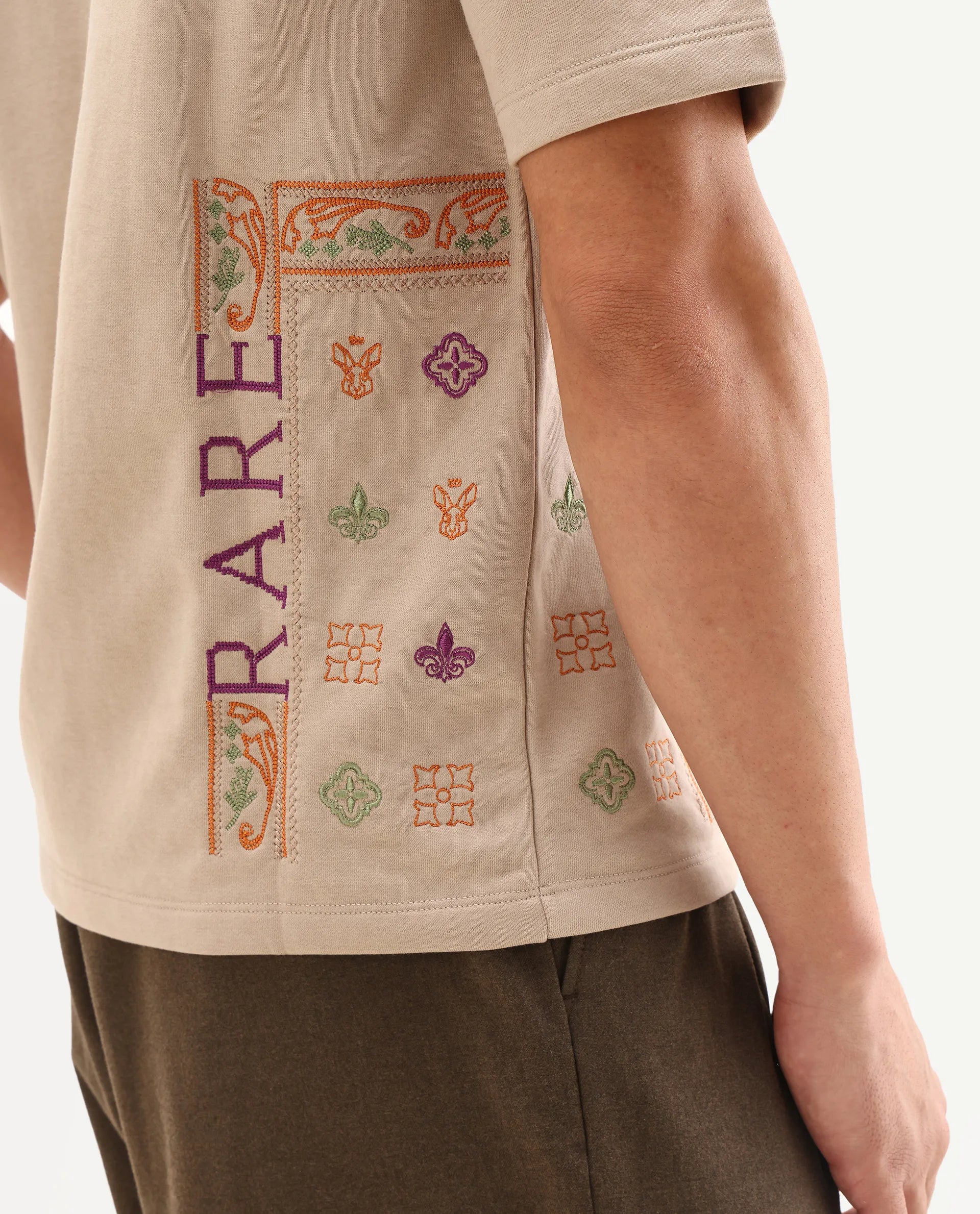 Rare Rabbit Men's Myro-1 Beige Polyester Embroidered Slim Fit Half Sleeve Crew Neck T-Shirt