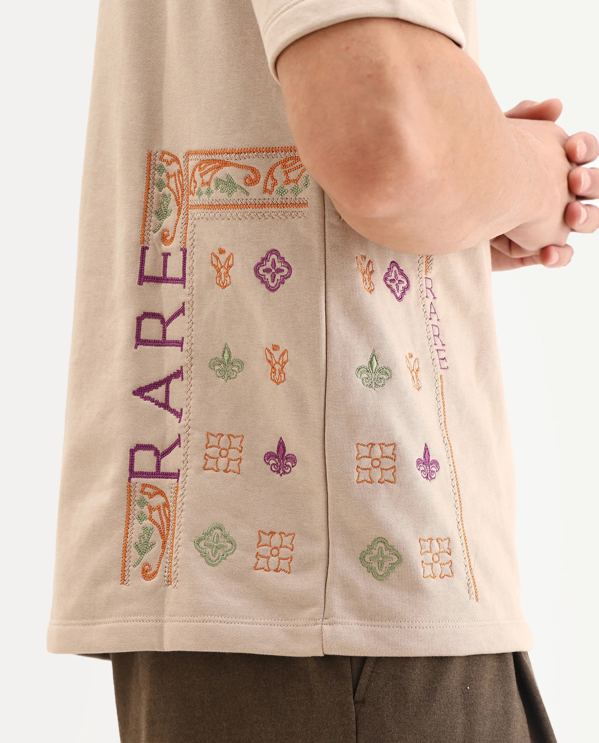 Rare Rabbit Men's Myro-1 Beige Polyester Embroidered Slim Fit Half Sleeve Crew Neck T-Shirt