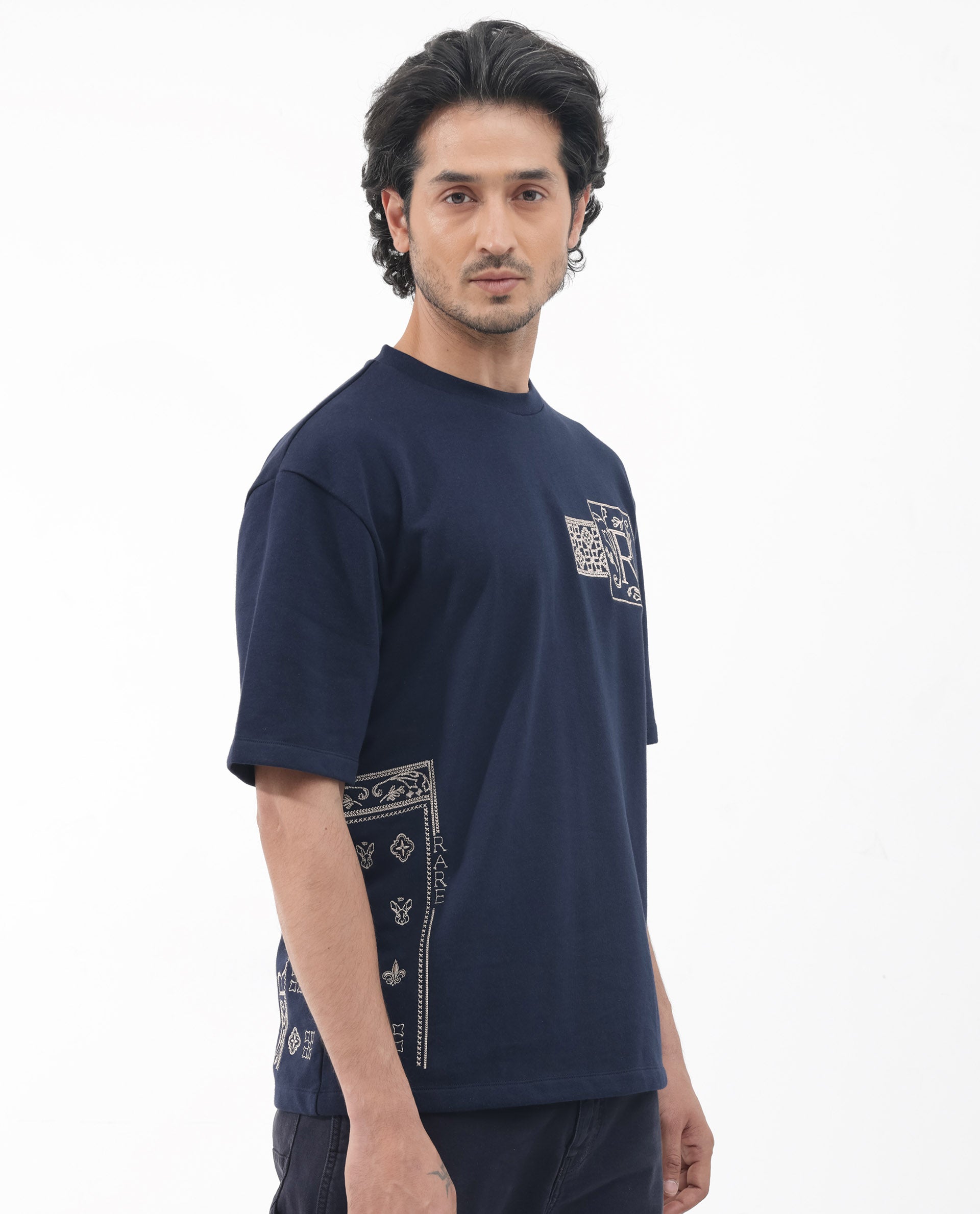 Rare Rabbit Men's Myro Navy Cotton Polyester Fabric Oversized Fit Embroidered T-Shirt