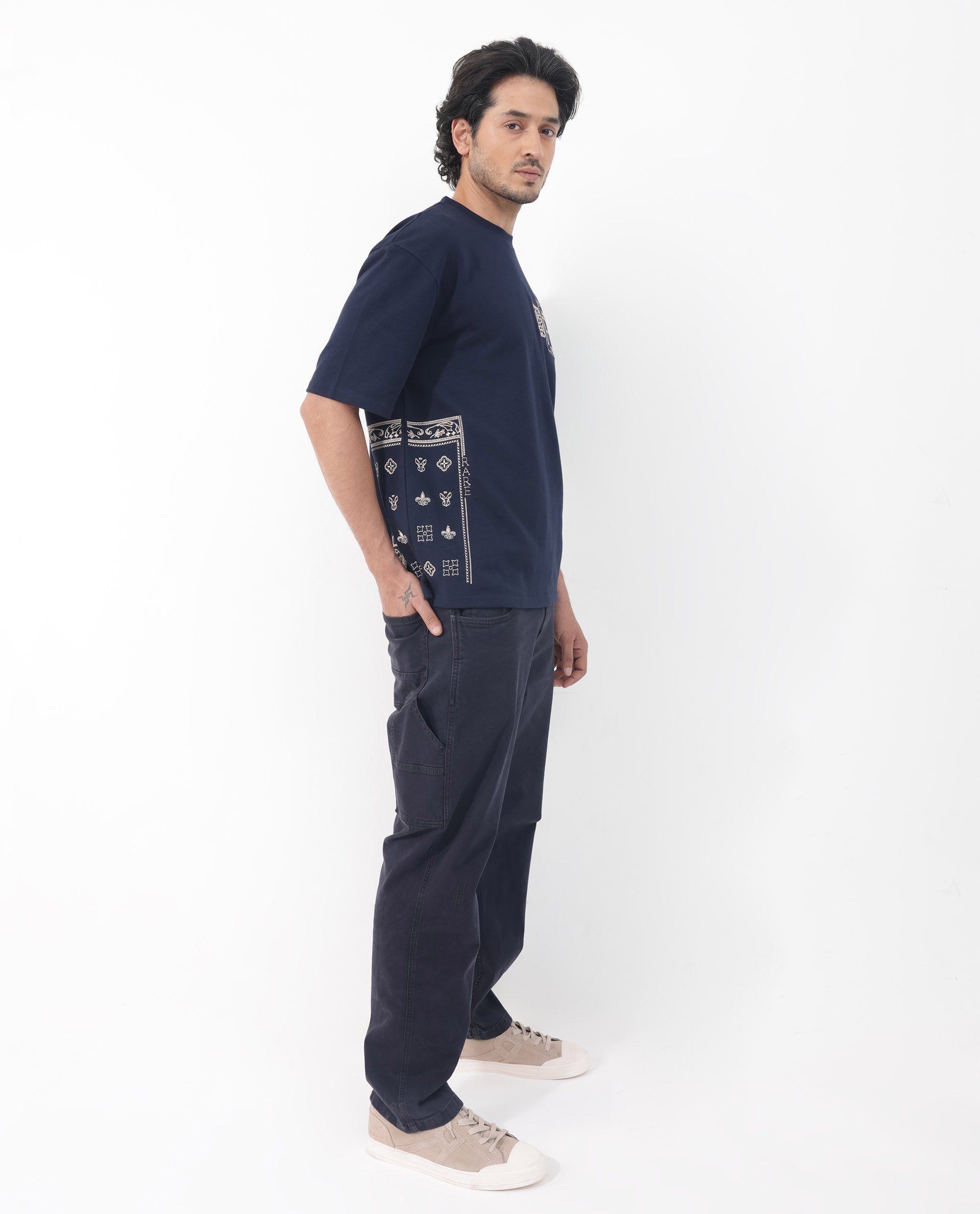 Rare Rabbit Men's Myro Navy Cotton Polyester Fabric Oversized Fit Embroidered T-Shirt
