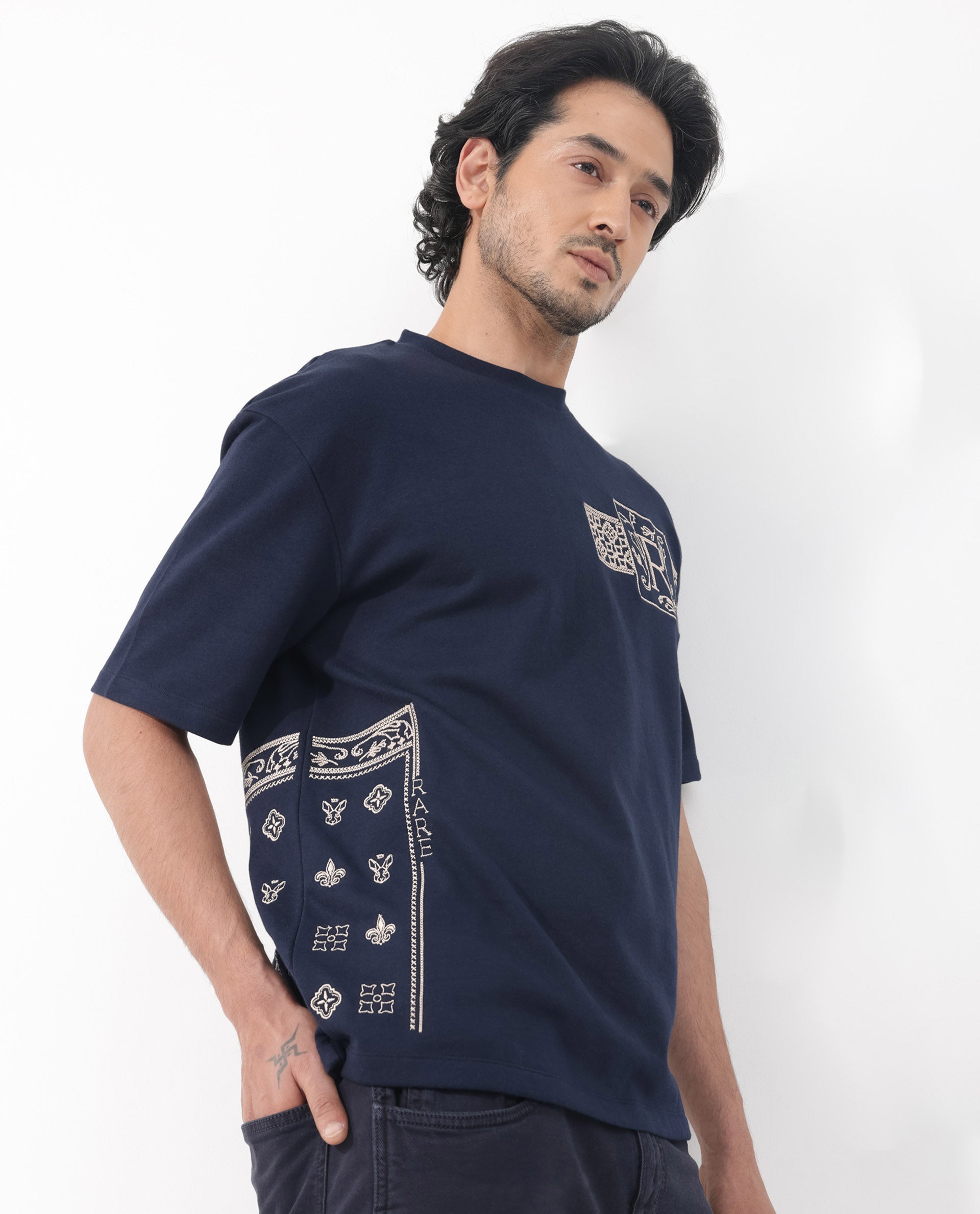 Rare Rabbit Men's Myro Navy Cotton Polyester Fabric Oversized Fit Embroidered T-Shirt