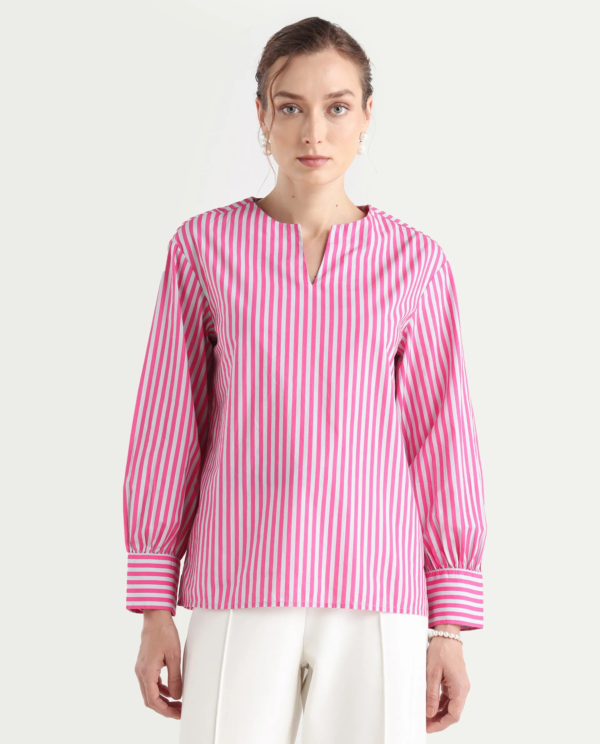 Rareism Women's Myrto Pink Cotton Crew Neck Striped Cuffed Sleeve Regular Fit Top