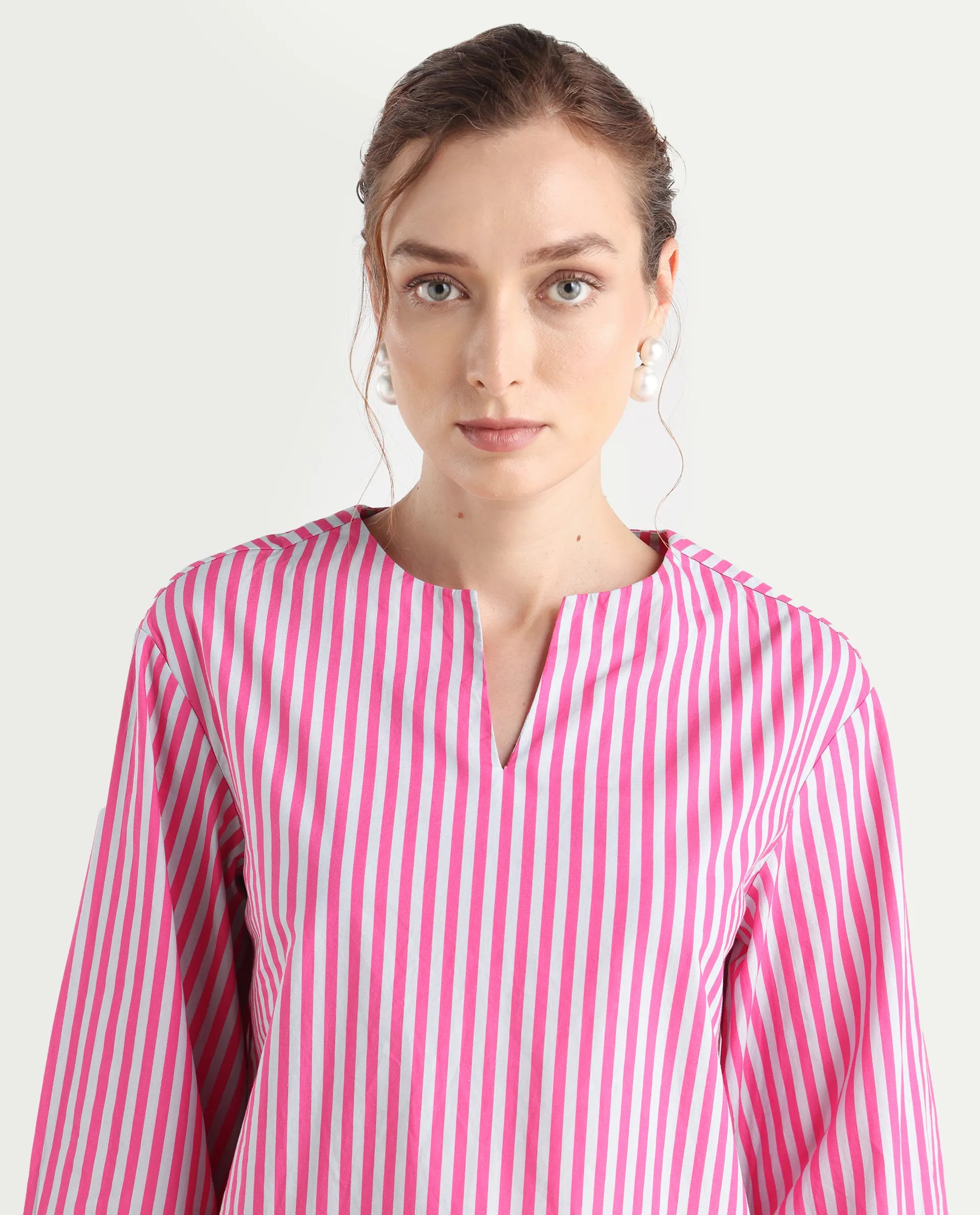 Rareism Women's Myrto Pink Cotton Crew Neck Striped Cuffed Sleeve Regular Fit Top