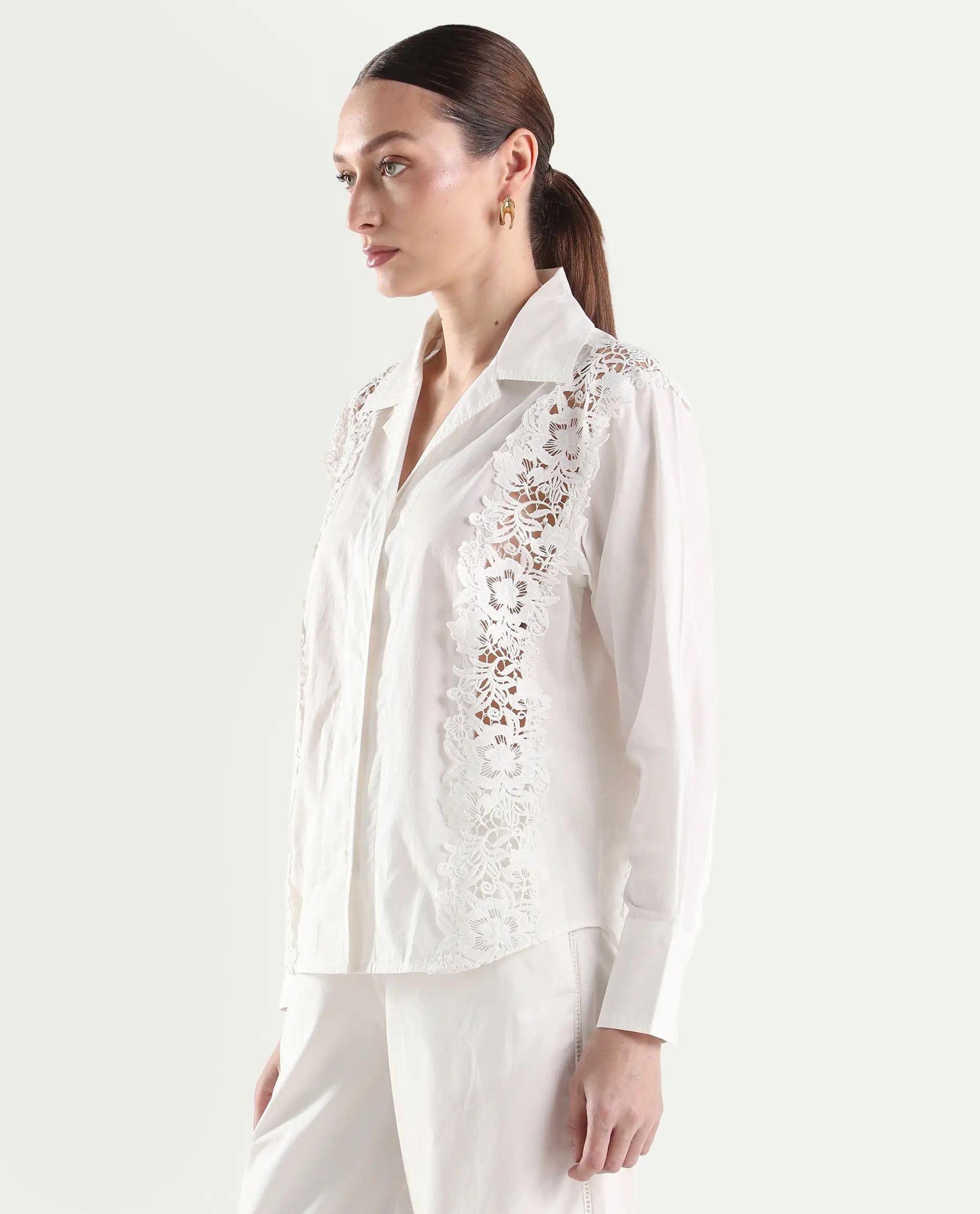 Rareism Women's Mysa-T Off White Cotton Full Sleeve Lapel Neck Relaxed Plain Shirt