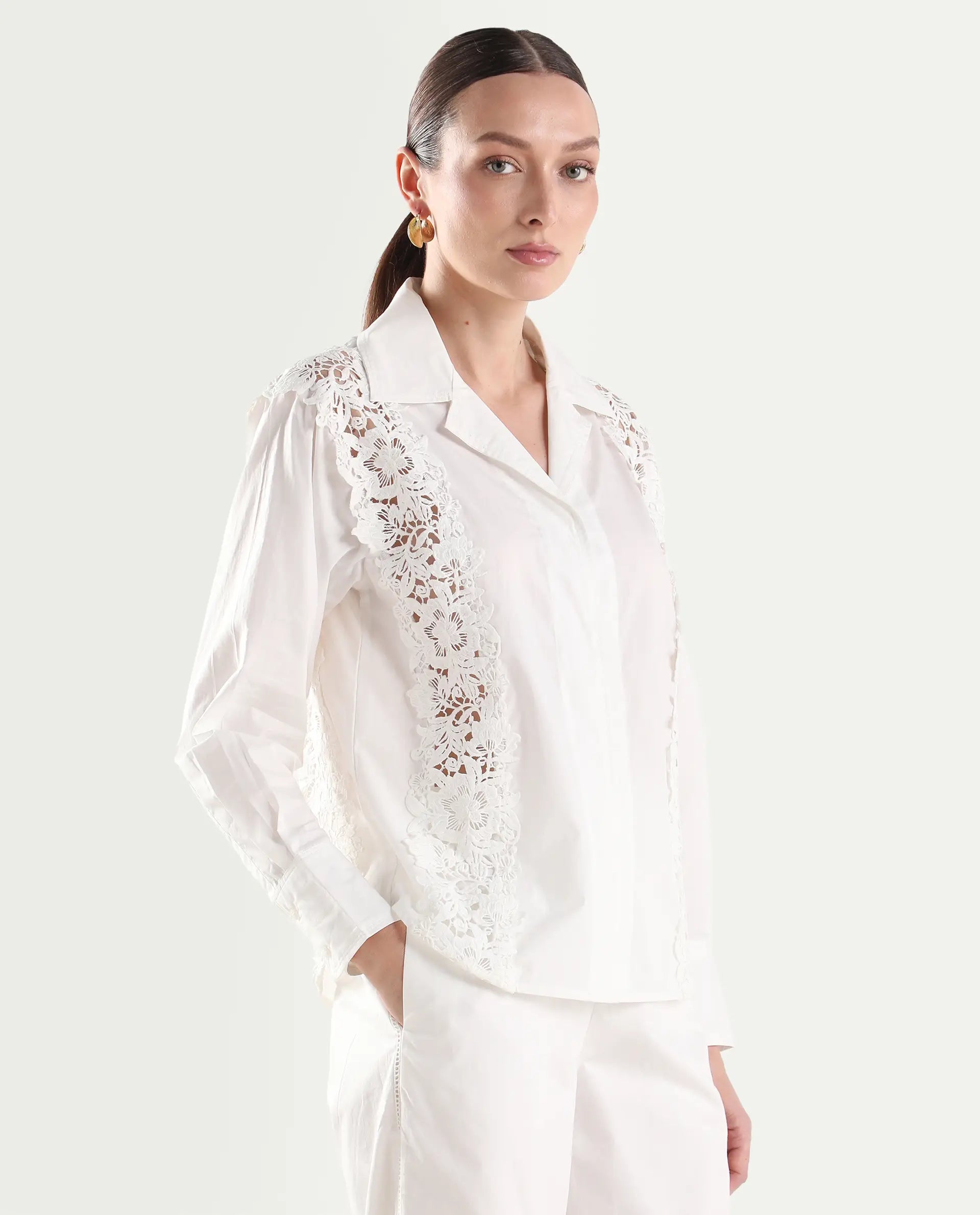 Rareism Women's Mysa-T Off White Cotton Full Sleeve Lapel Neck Relaxed Plain Shirt