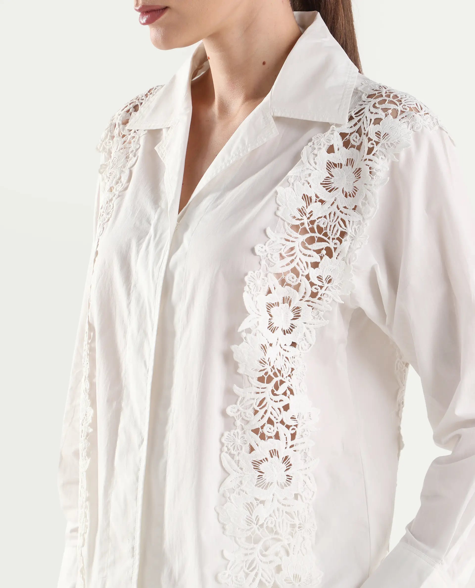 Rareism Women's Mysa-T Off White Cotton Full Sleeve Lapel Neck Relaxed Plain Shirt