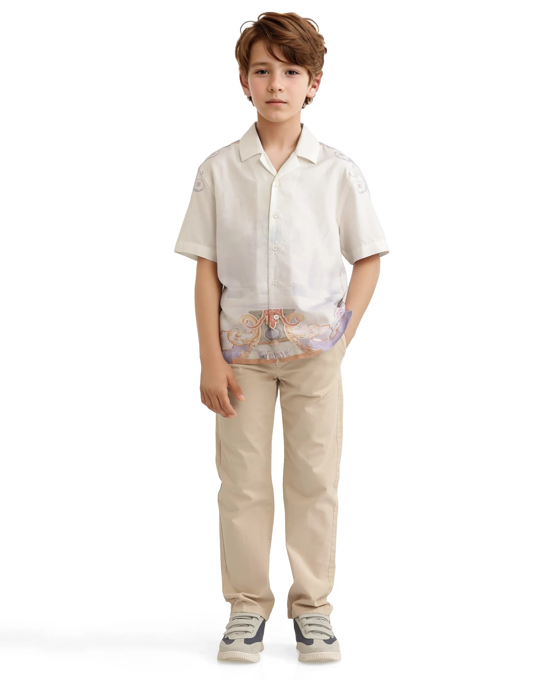 Rare Ones Kids Mysk Off White Viscose Blend Printed Button Closure Regular Fit Shirt