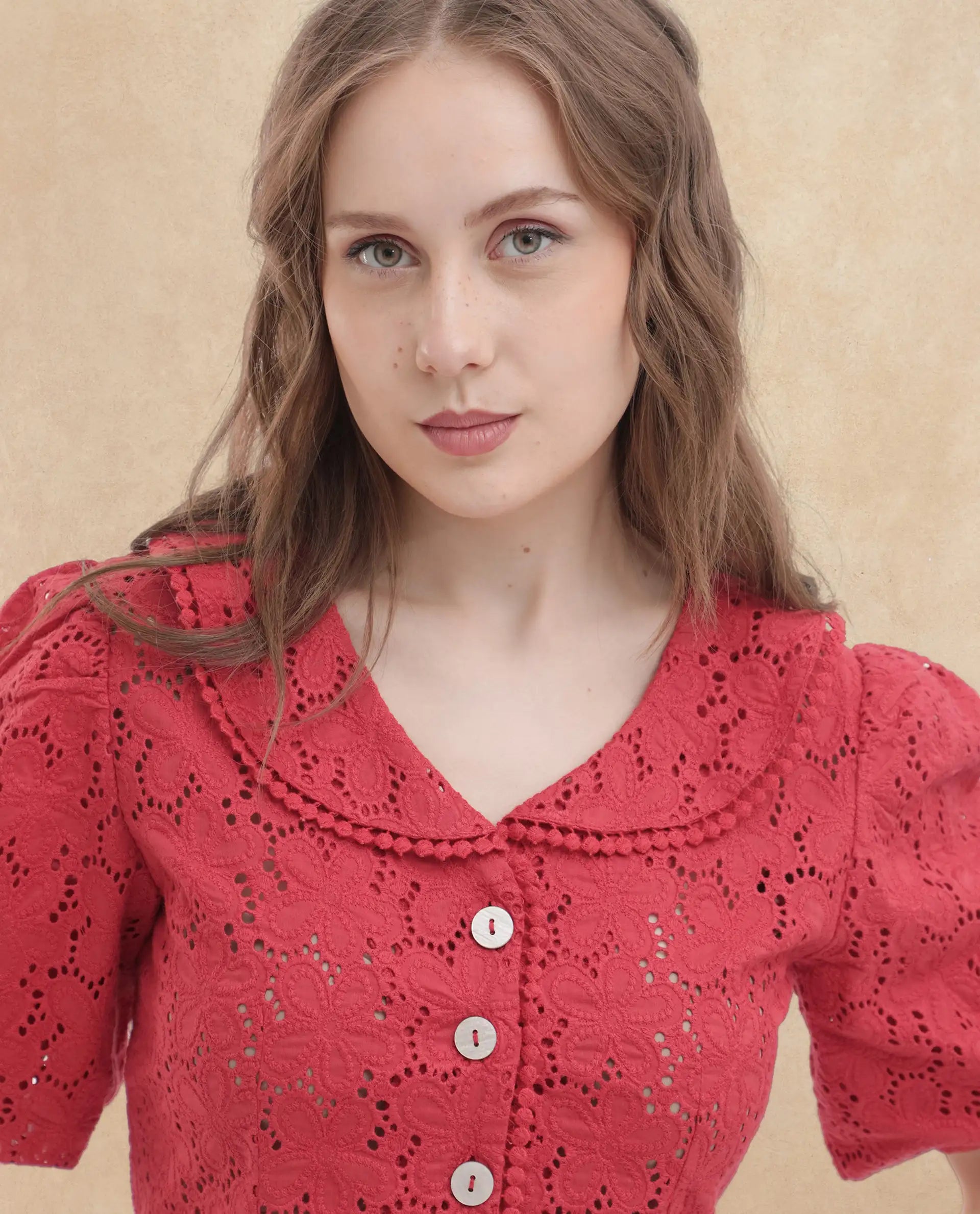 Rareism Women's Mysterio Pastel Pink Schiffli Sweetheart Neck Schiffli Balloon Sleeve Crop Regular Fit Top