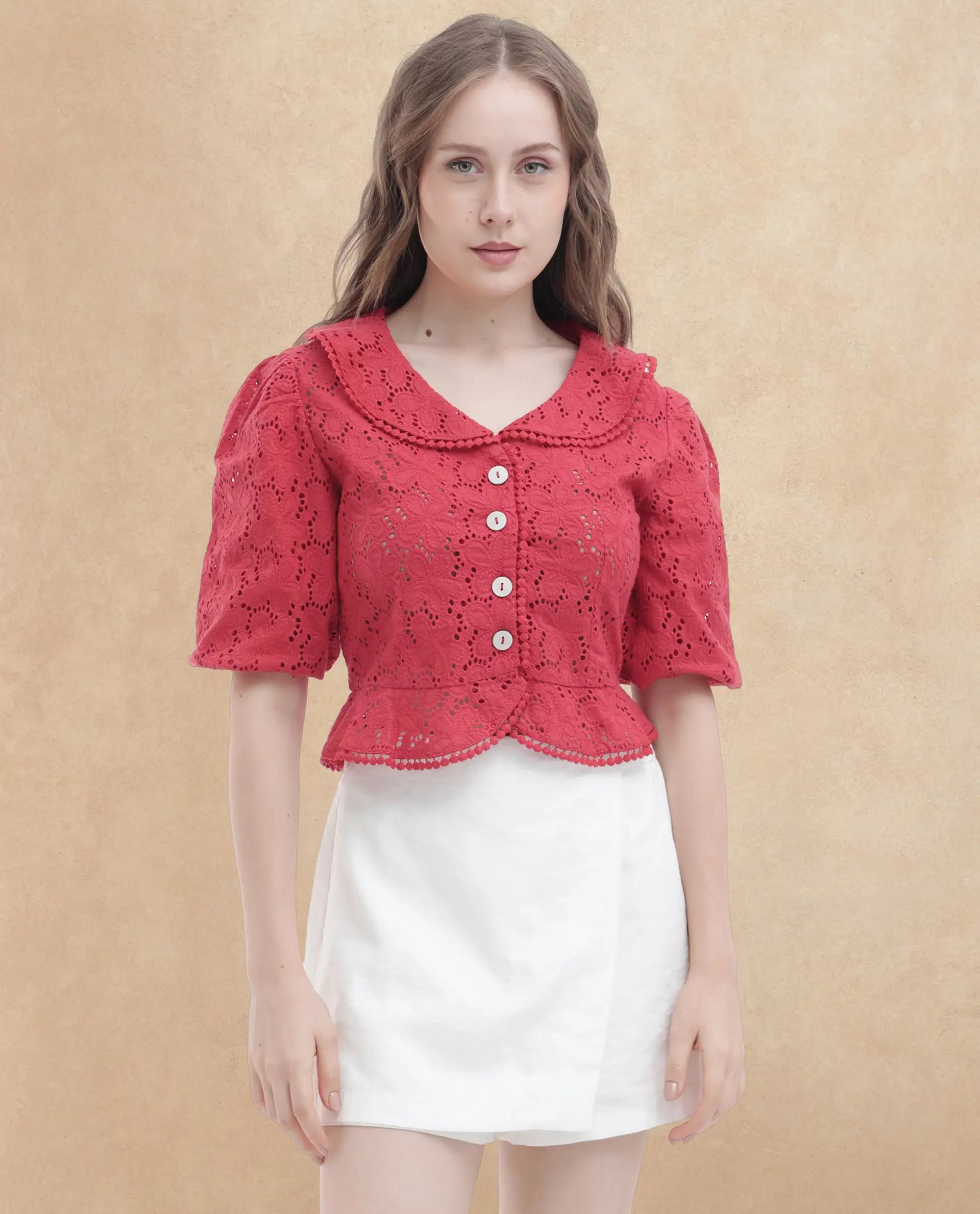 Rareism Women's Mysterio Pastel Pink Schiffli Sweetheart Neck Schiffli Balloon Sleeve Crop Regular Fit Top