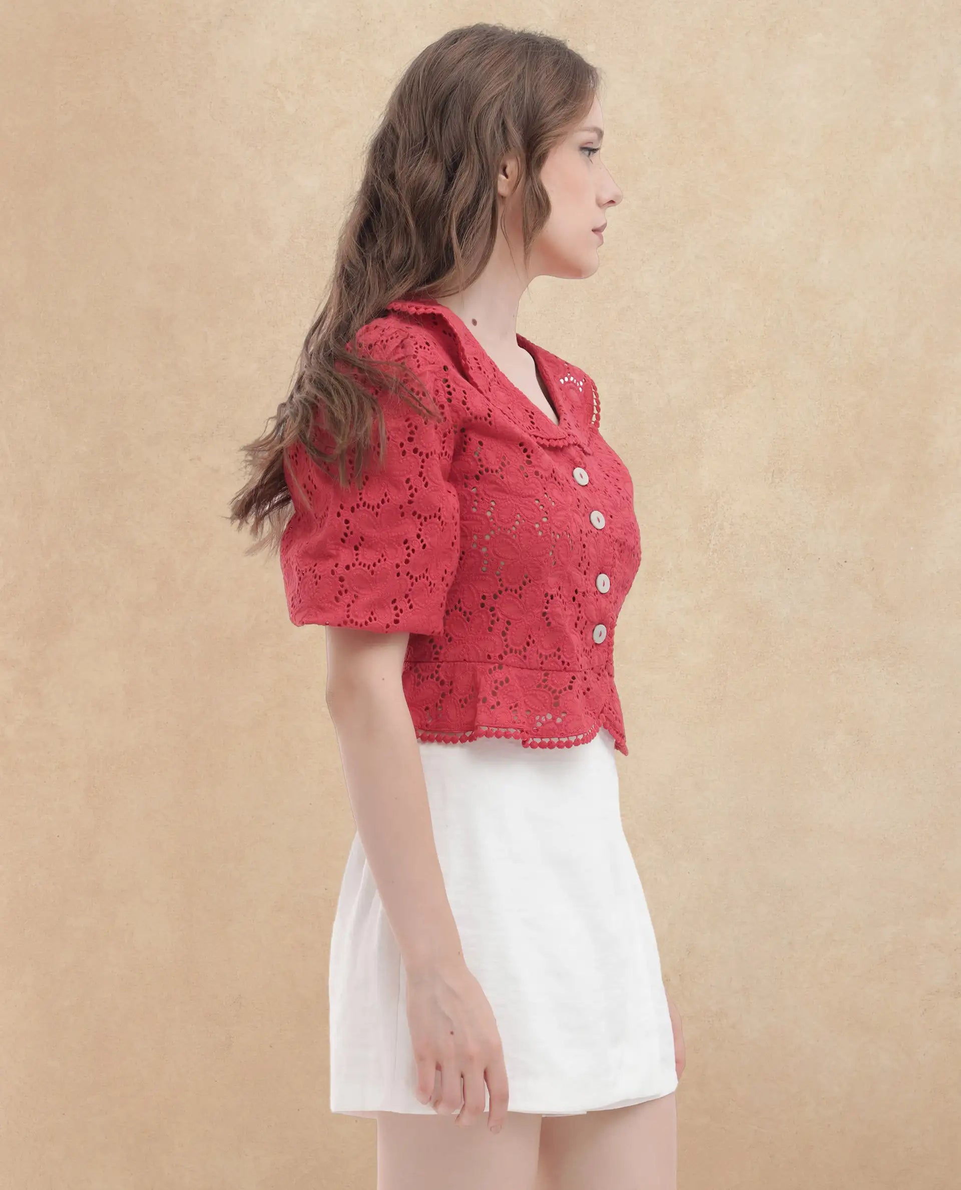 Rareism Women's Mysterio Pastel Pink Schiffli Sweetheart Neck Schiffli Balloon Sleeve Crop Regular Fit Top