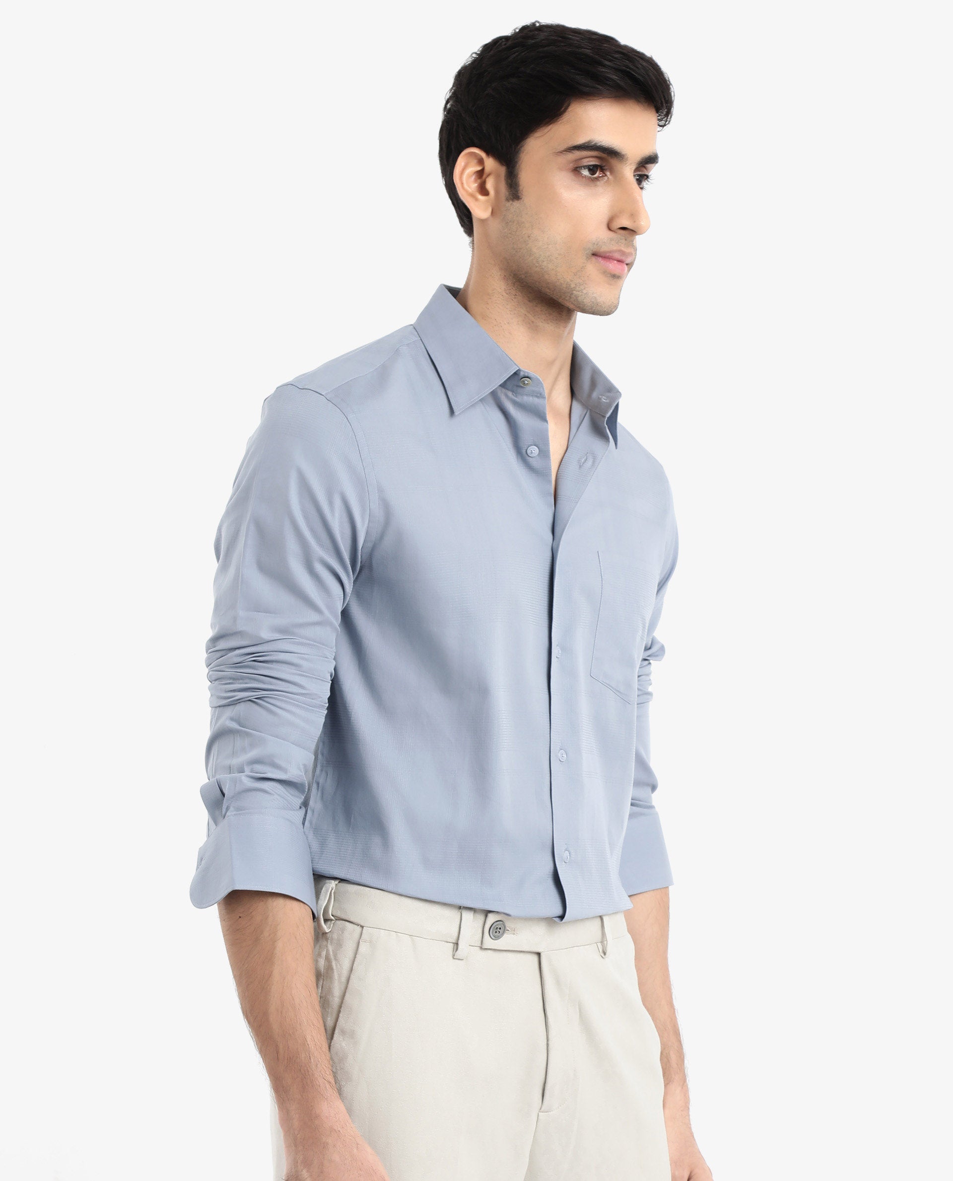 Rare Rabbit Men's Myte Light Blue Cotton Fabric Full Sleeve Regular Fit Self Check Dobby Shirt