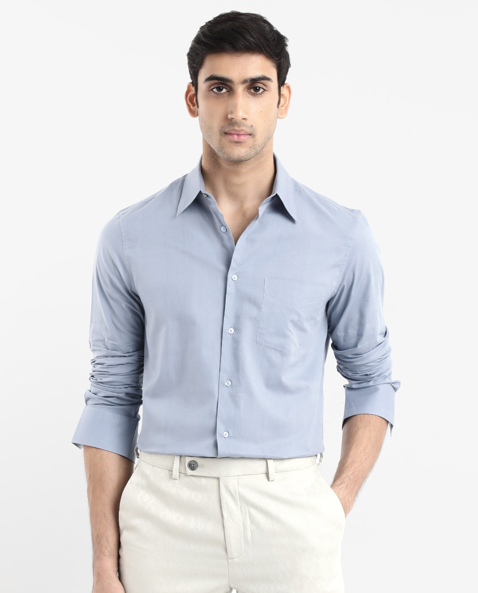 Rare Rabbit Men's Myte Light Blue Cotton Fabric Full Sleeve Regular Fit Self Check Dobby Shirt