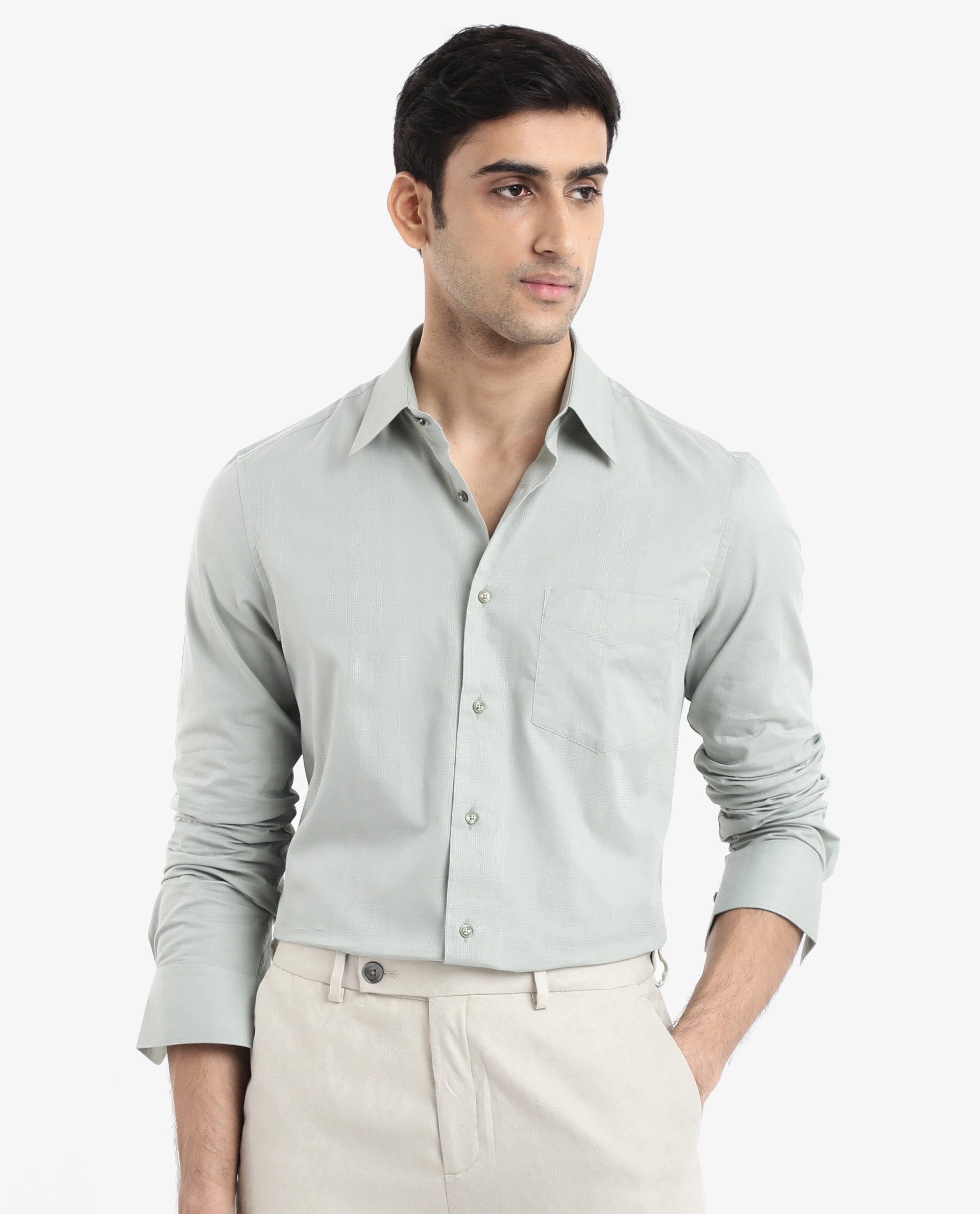 Rare Rabbit Men's Myte Green Cotton Fabric Full Sleeve Regular Fit Self Check Dobby Shirt