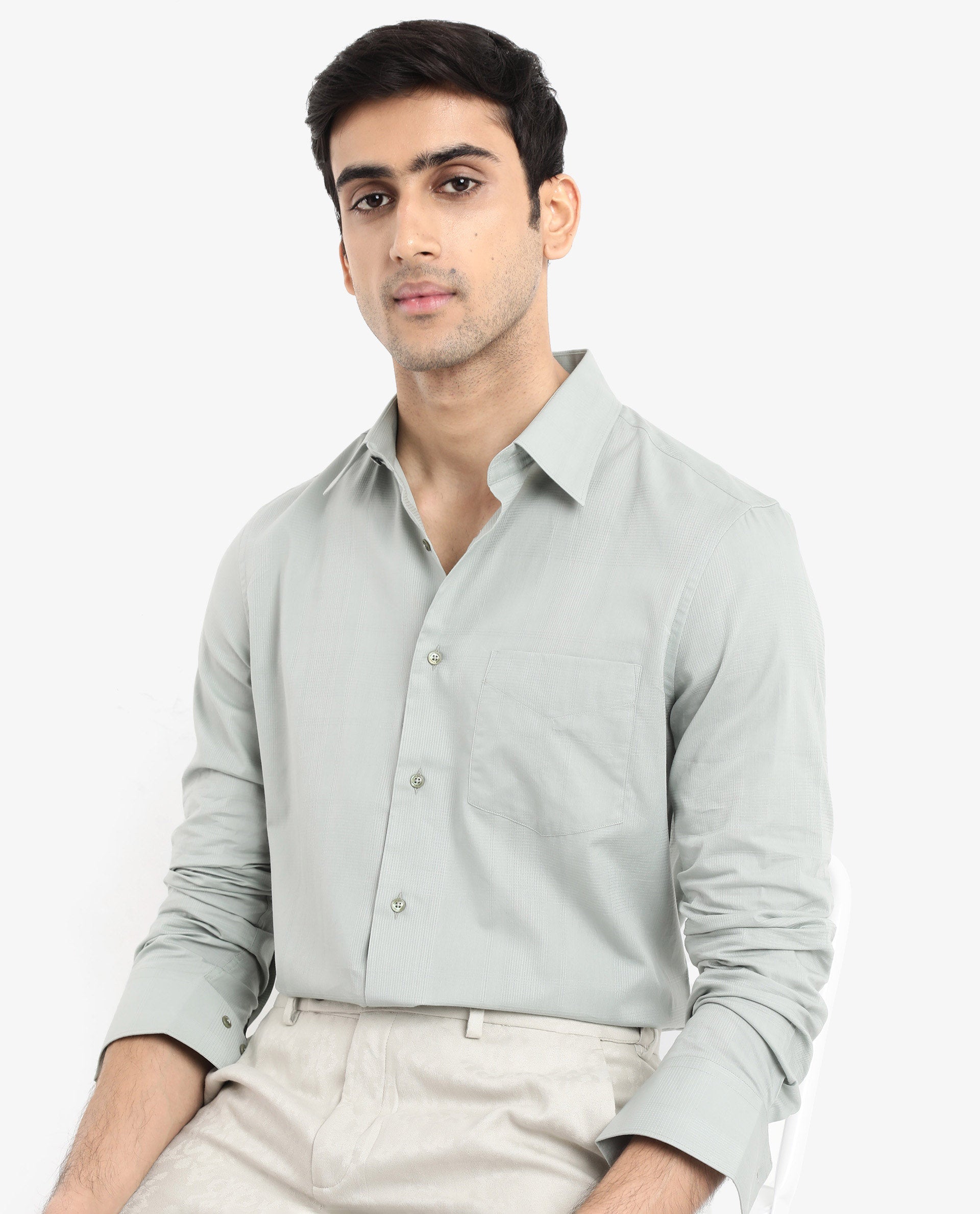 Rare Rabbit Men's Myte Green Cotton Fabric Full Sleeve Regular Fit Self Check Dobby Shirt