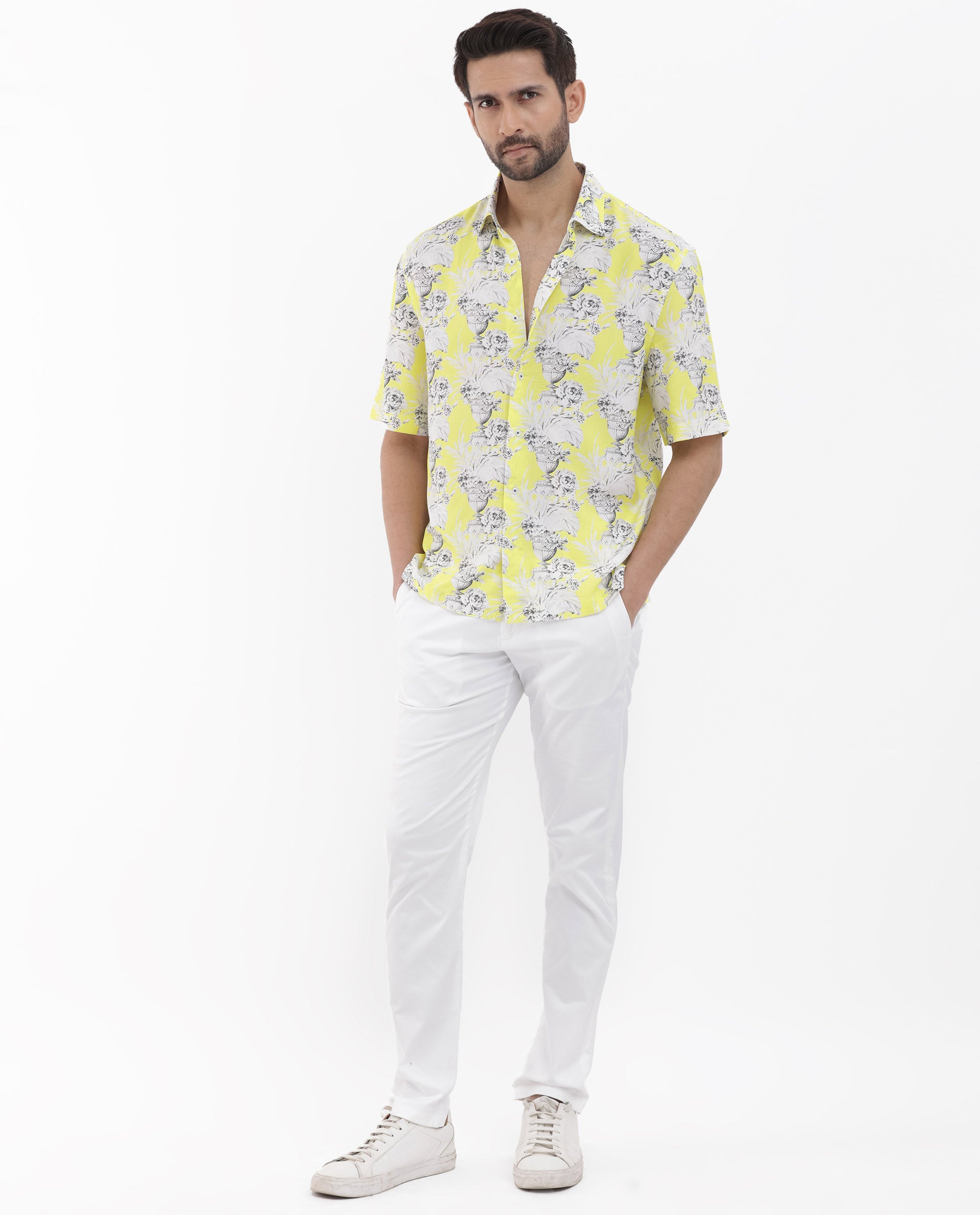 Rare Rabbit Mens Mackle Yellow Viscose Fabric Short Sleeve Boxy Fit Abstract Print Shirt