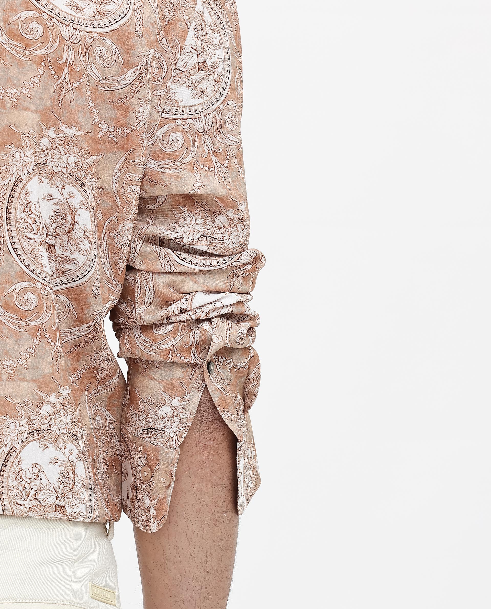 Rare Rabbit Mens Meridin Beige Viscose Decorative Art Print Full Sleeve Shirt