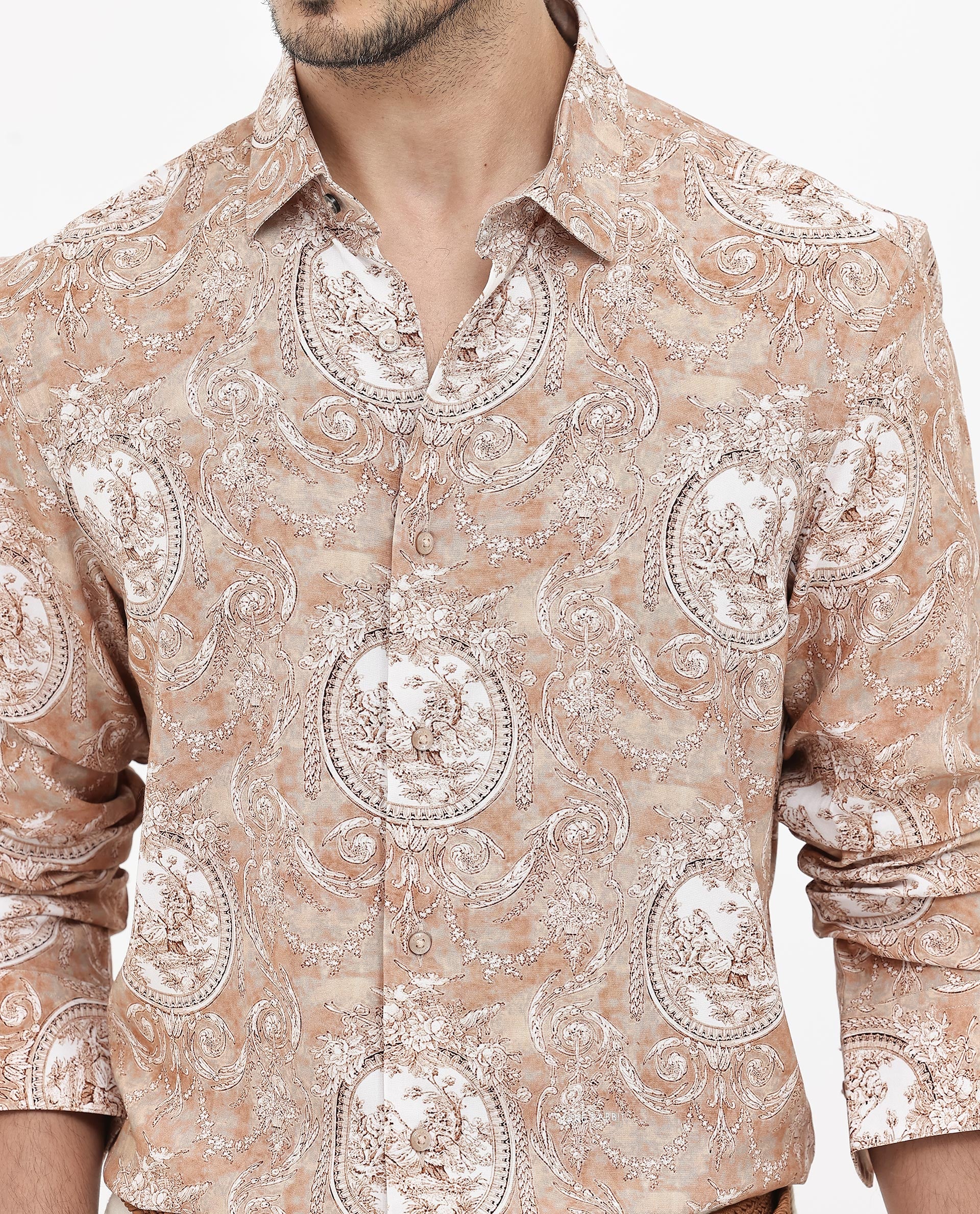 Rare Rabbit Mens Meridin Beige Viscose Decorative Art Print Full Sleeve Shirt