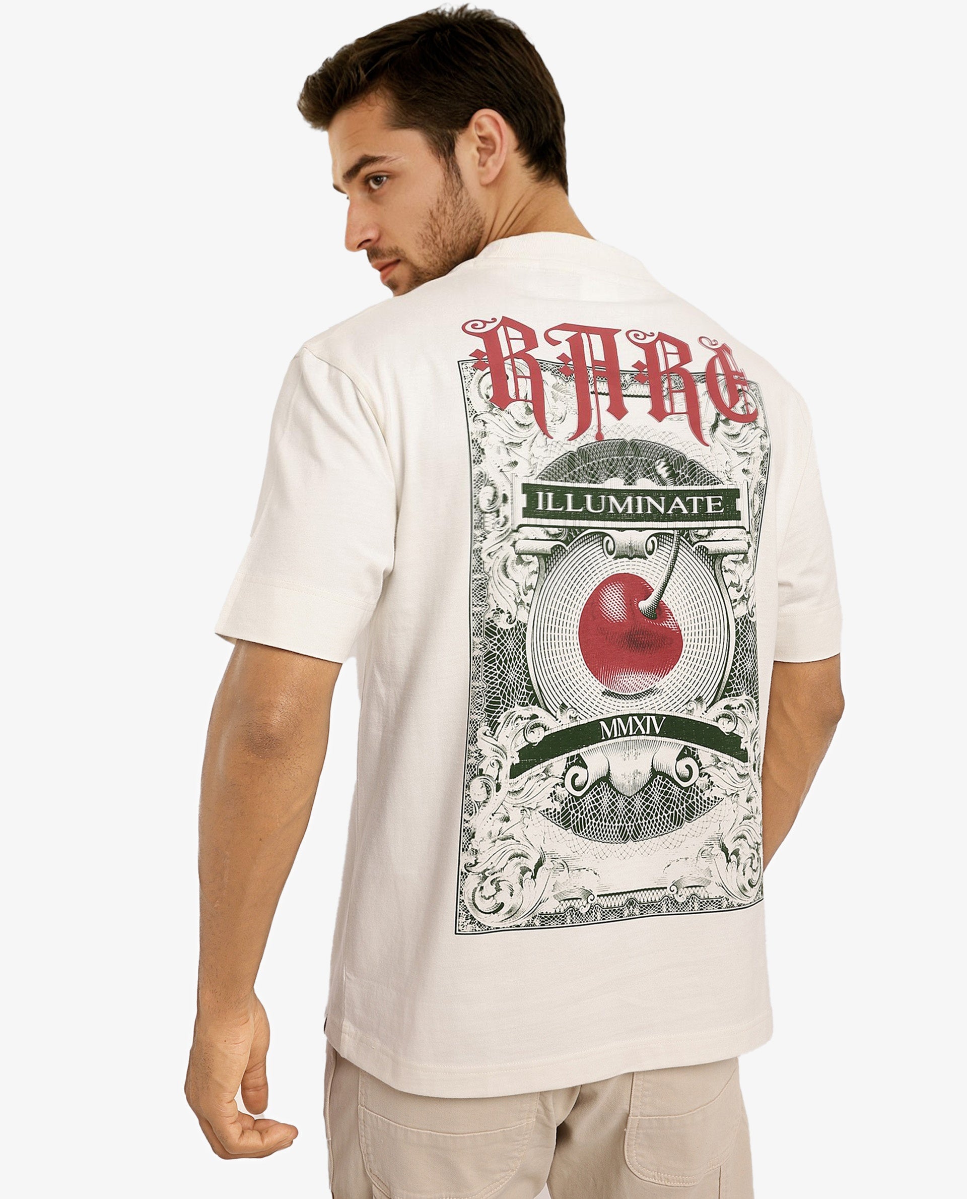 Rare Rabbit Men Mint Off White Cotton Fabric Short Sleeve Crew Neck Oversized Fit Graphic Print T-Shirt