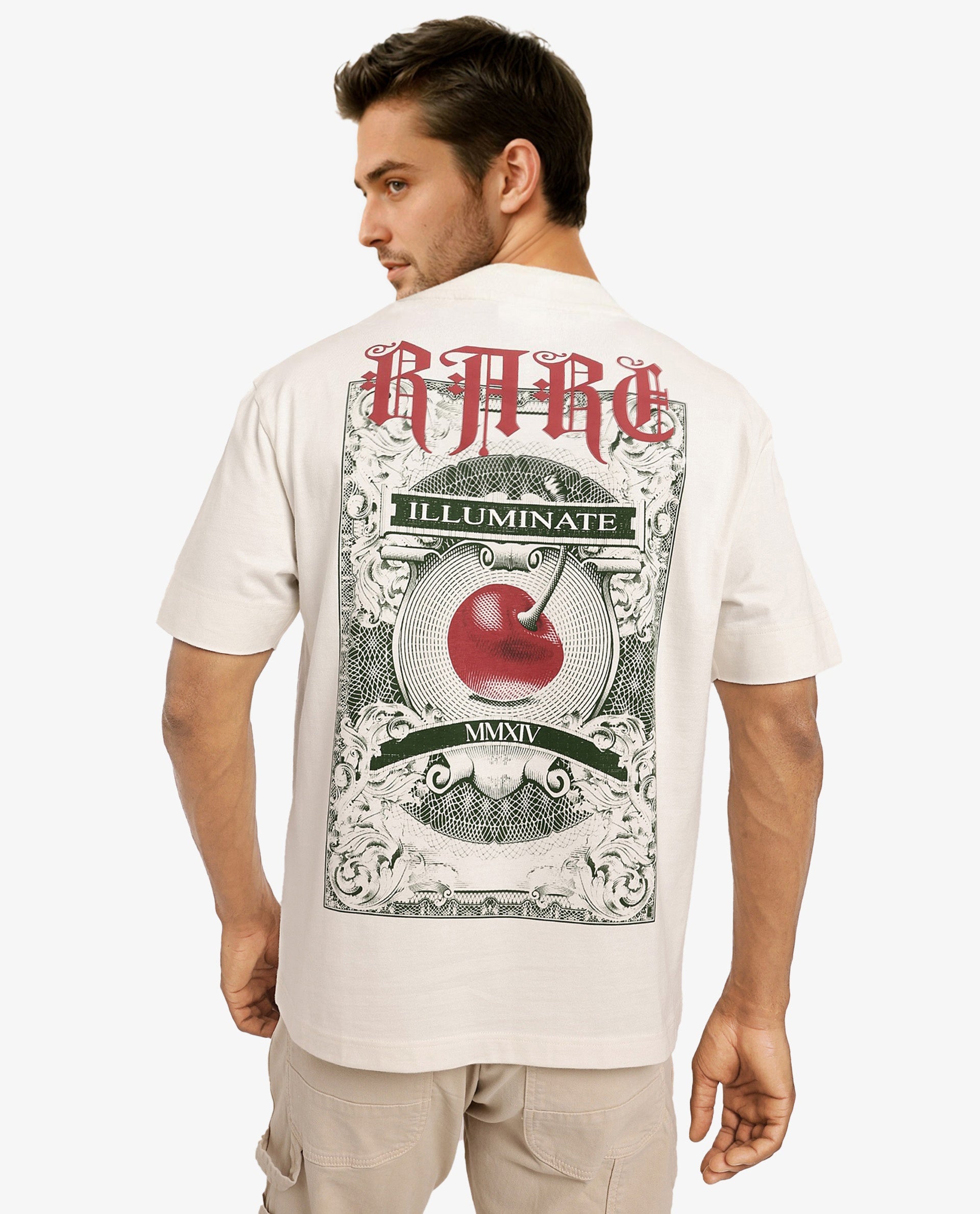 Rare Rabbit Men Mint Off White Cotton Fabric Short Sleeve Crew Neck Oversized Fit Graphic Print T-Shirt