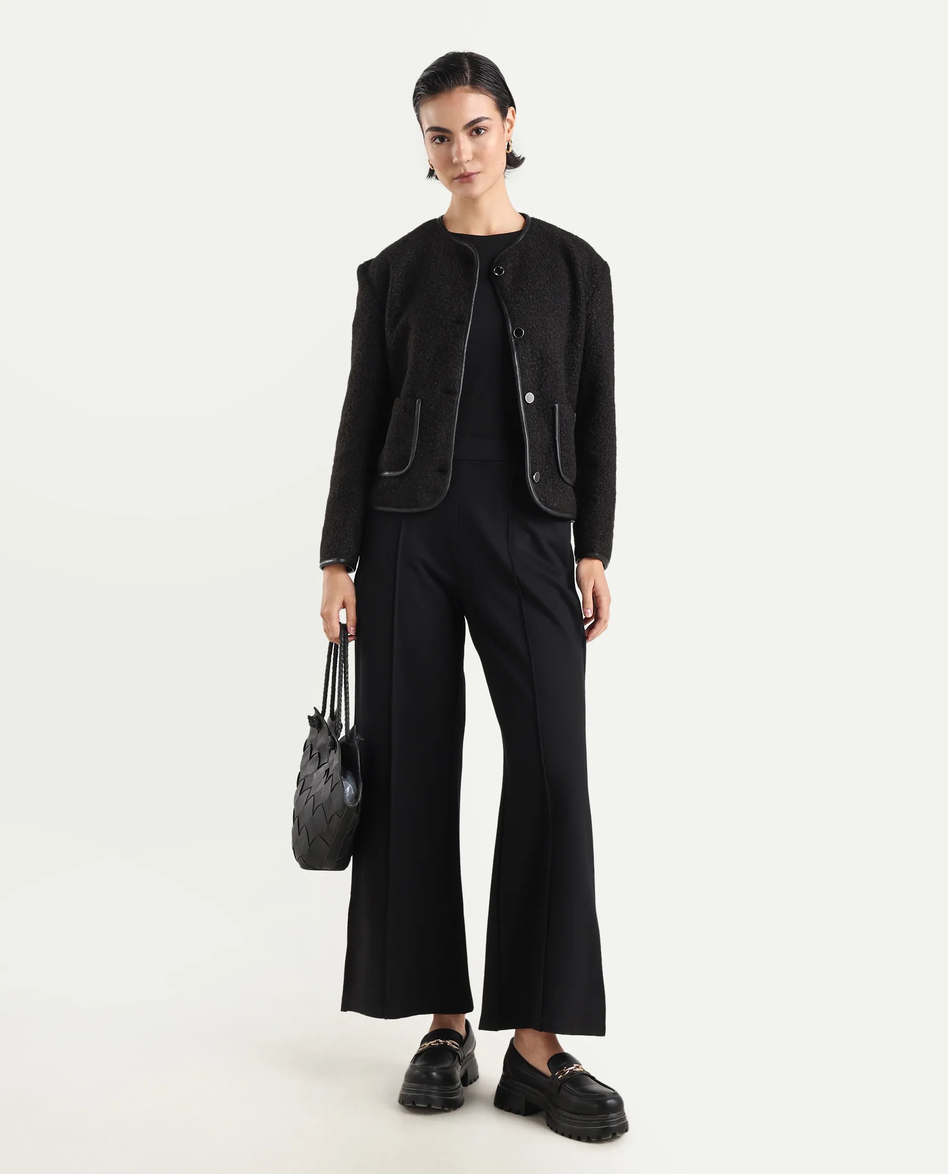 Rareism Women's Nabuc Black Polyester Jacket Plain Jacket