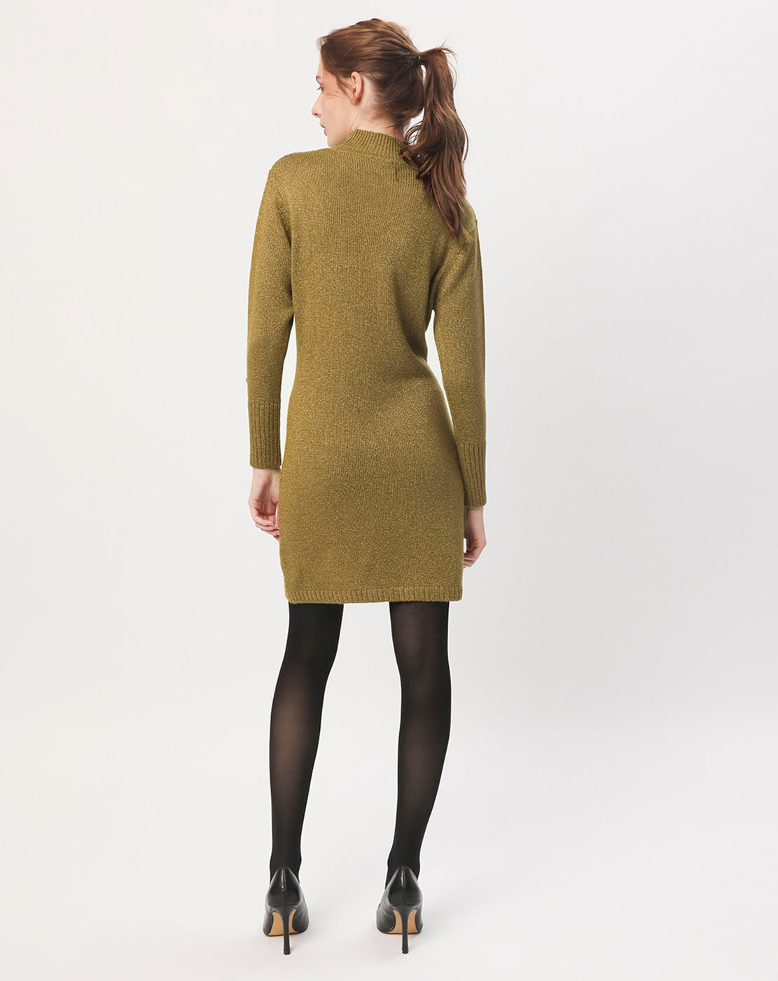 Rareism Women Nach Gold Acrylic Fabric Full Sleeves High Neck Regular Fit Plain Knee Length Sweater