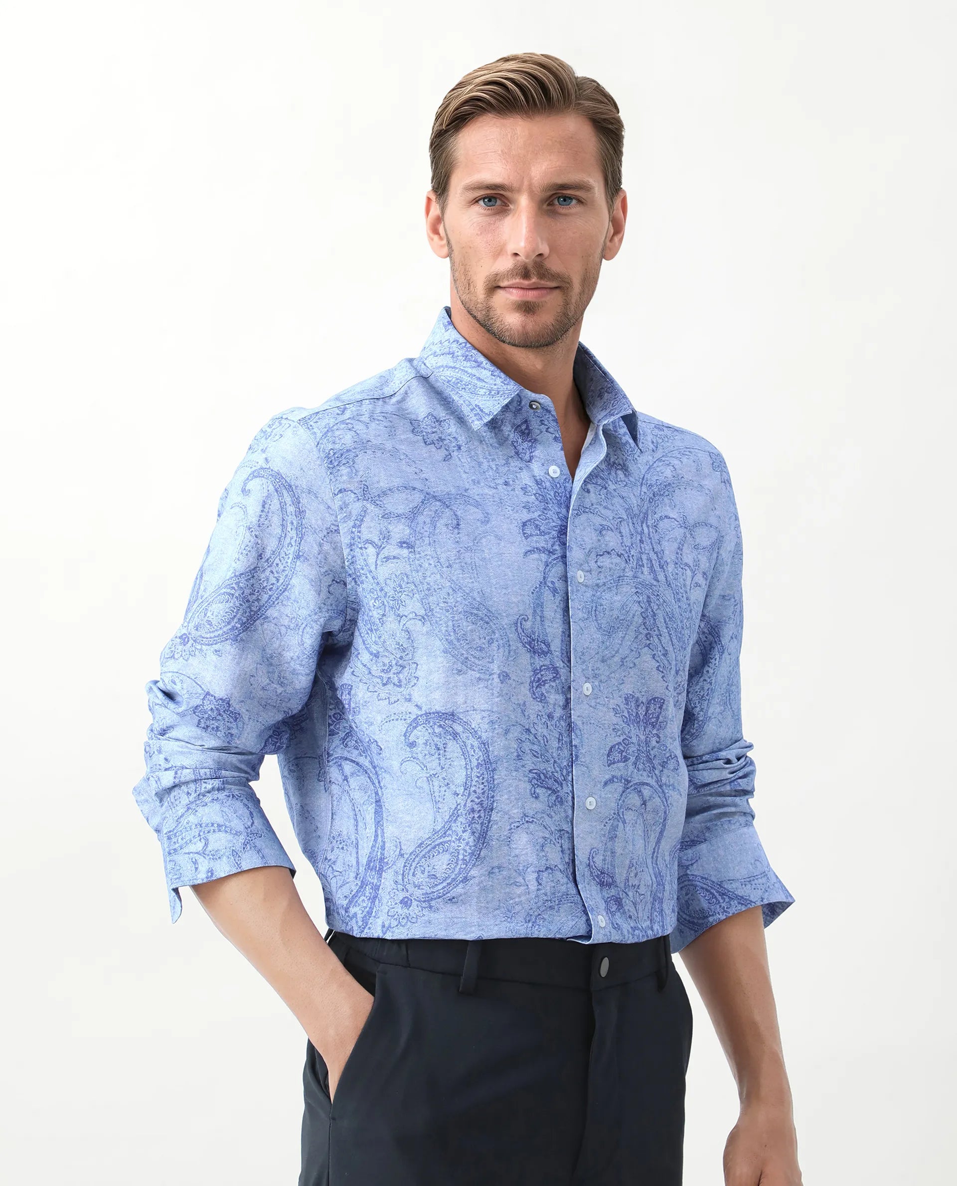 Rare Rabbit Men's Naci Light Blue Tencel Paisley Print Regular Fit Full Sleeve Collared Shirt
