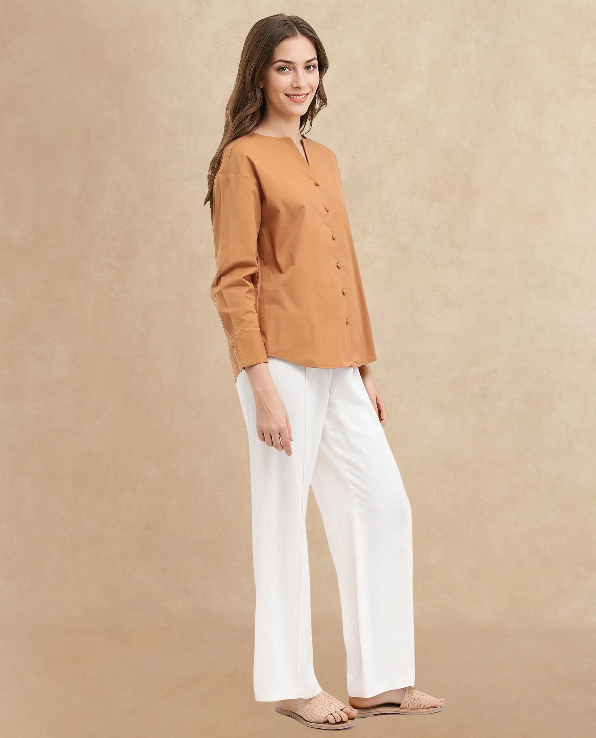 Rareism Women's Nagoya Light Brown Crew Neck Plain Cuffed Sleeve Regular Fit Top