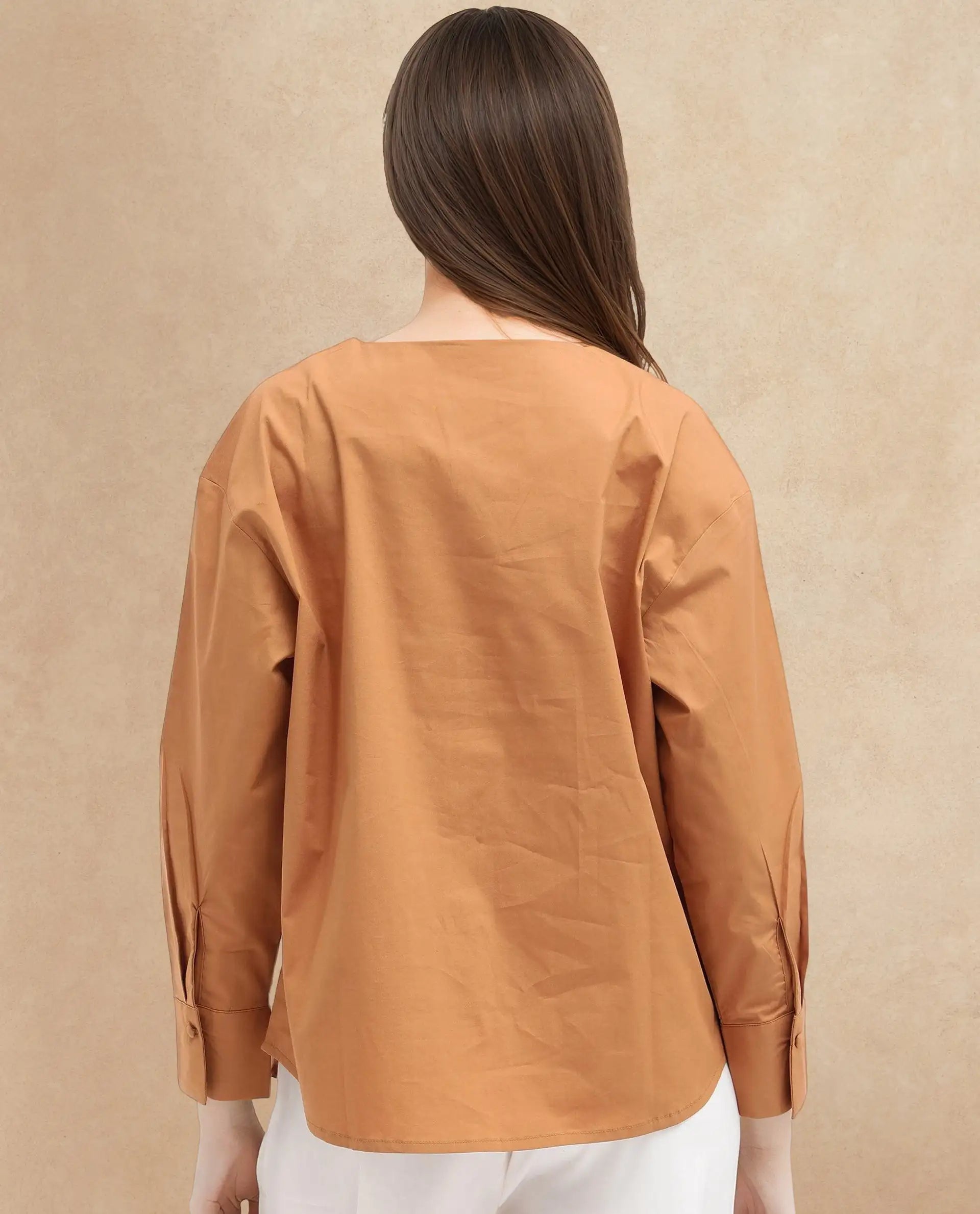 Rareism Women's Nagoya Light Brown Crew Neck Plain Cuffed Sleeve Regular Fit Top