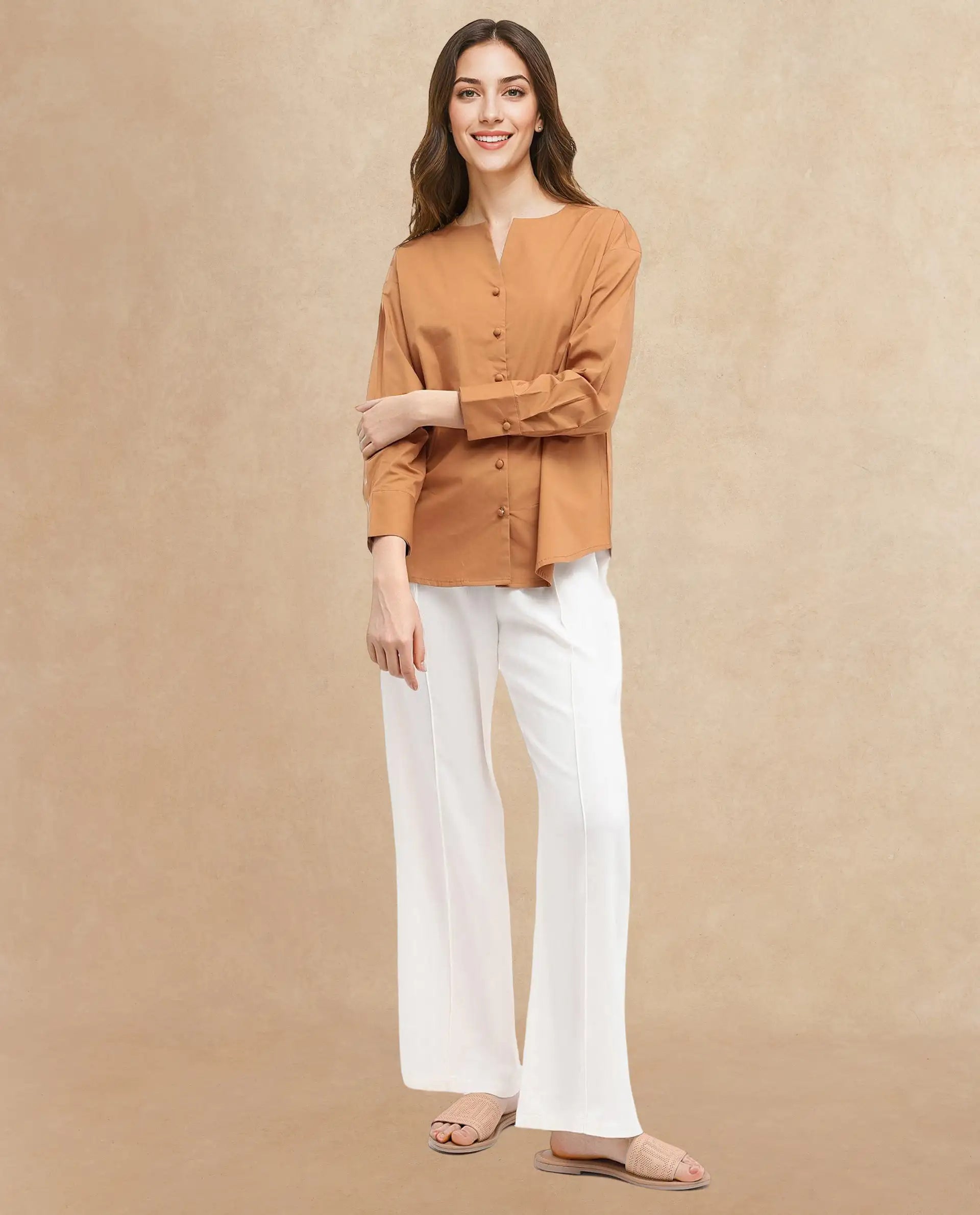 Rareism Women's Nagoya Light Brown Crew Neck Plain Cuffed Sleeve Regular Fit Top