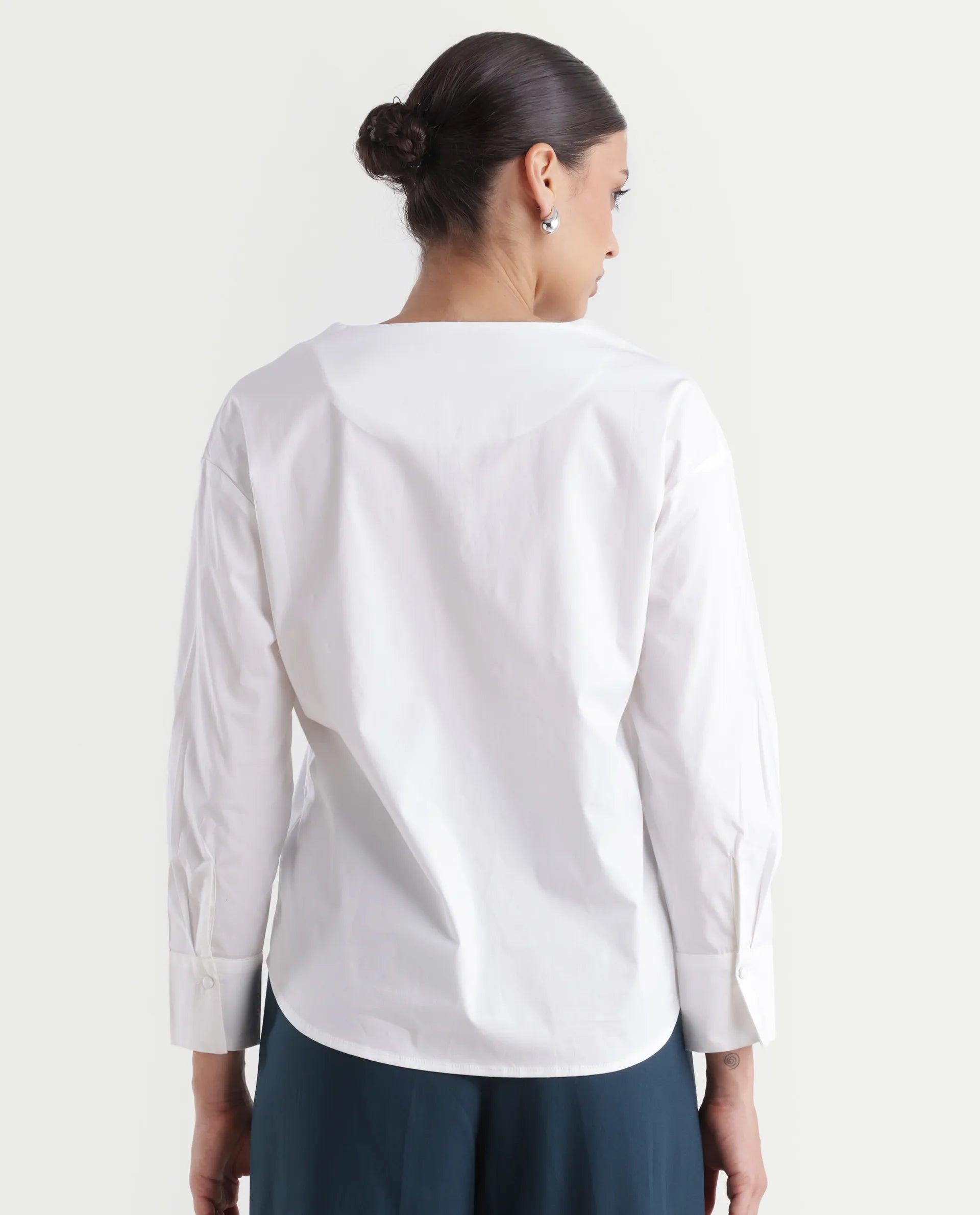 Rareism Women's Nagoya White Cotton Blend Crew Neck Plain Cuffed Sleeve Regular Fit Top