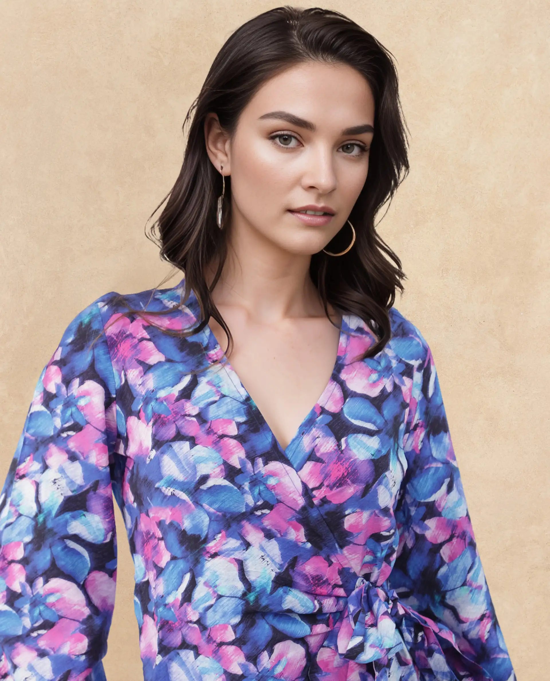 Rareism Women's Naho Multi Rayon Overlap Neck Floral Print Mini Wrap Dress