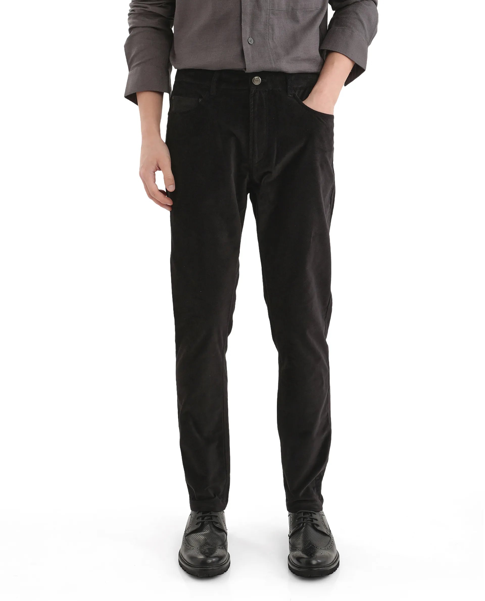 Rare Rabbit Men Nahor Black Cotton Blend Fabric Button Closure Regular Fit Plain Trouser