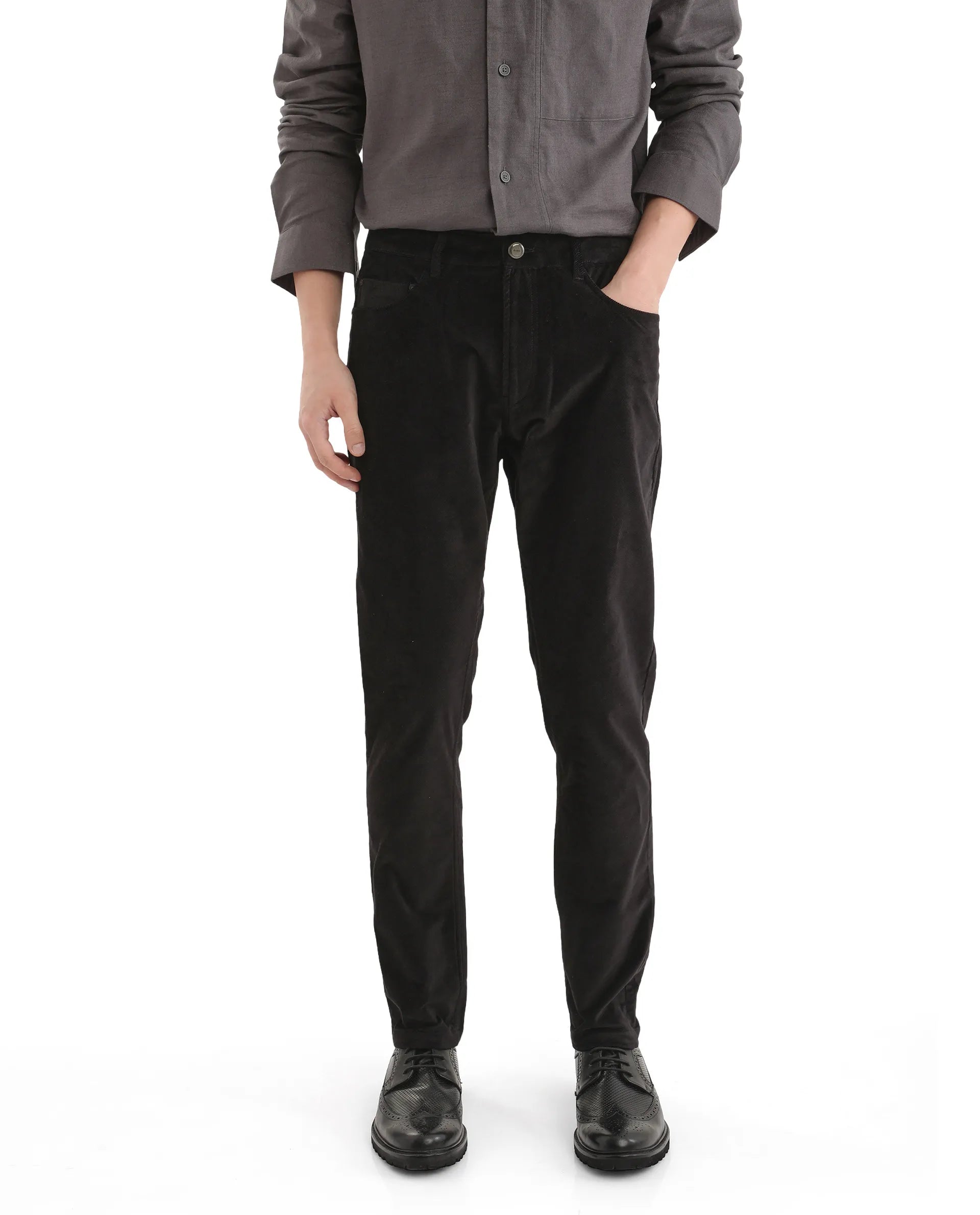 Rare Rabbit Men Nahor Black Cotton Blend Fabric Button Closure Regular Fit Plain Trouser