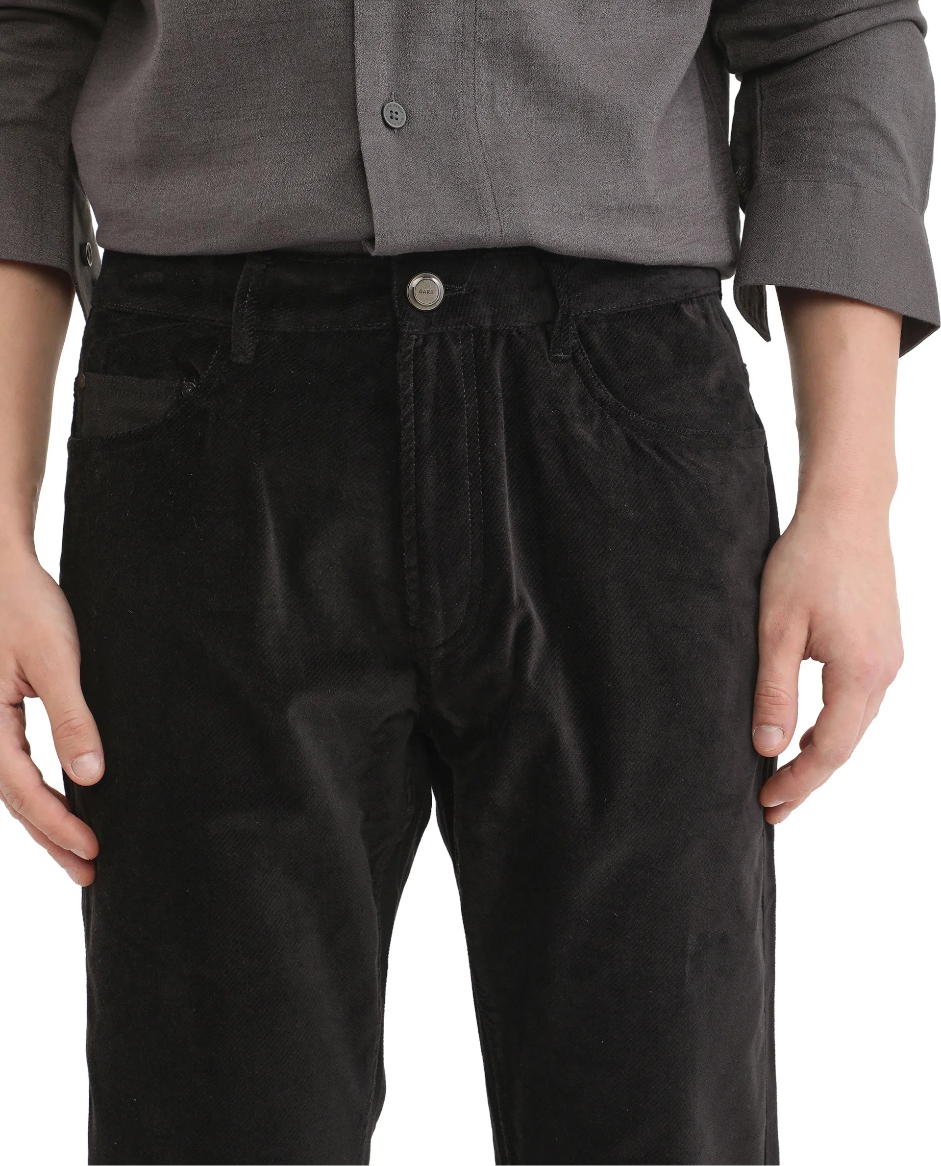 Rare Rabbit Men Nahor Black Cotton Blend Fabric Button Closure Regular Fit Plain Trouser