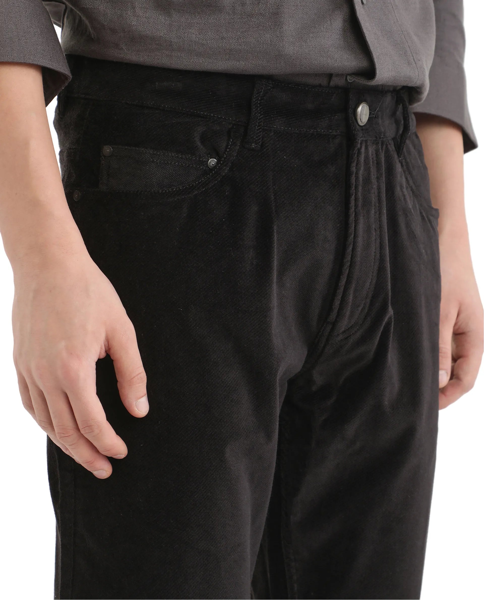 Rare Rabbit Men Nahor Black Cotton Blend Fabric Button Closure Regular Fit Plain Trouser
