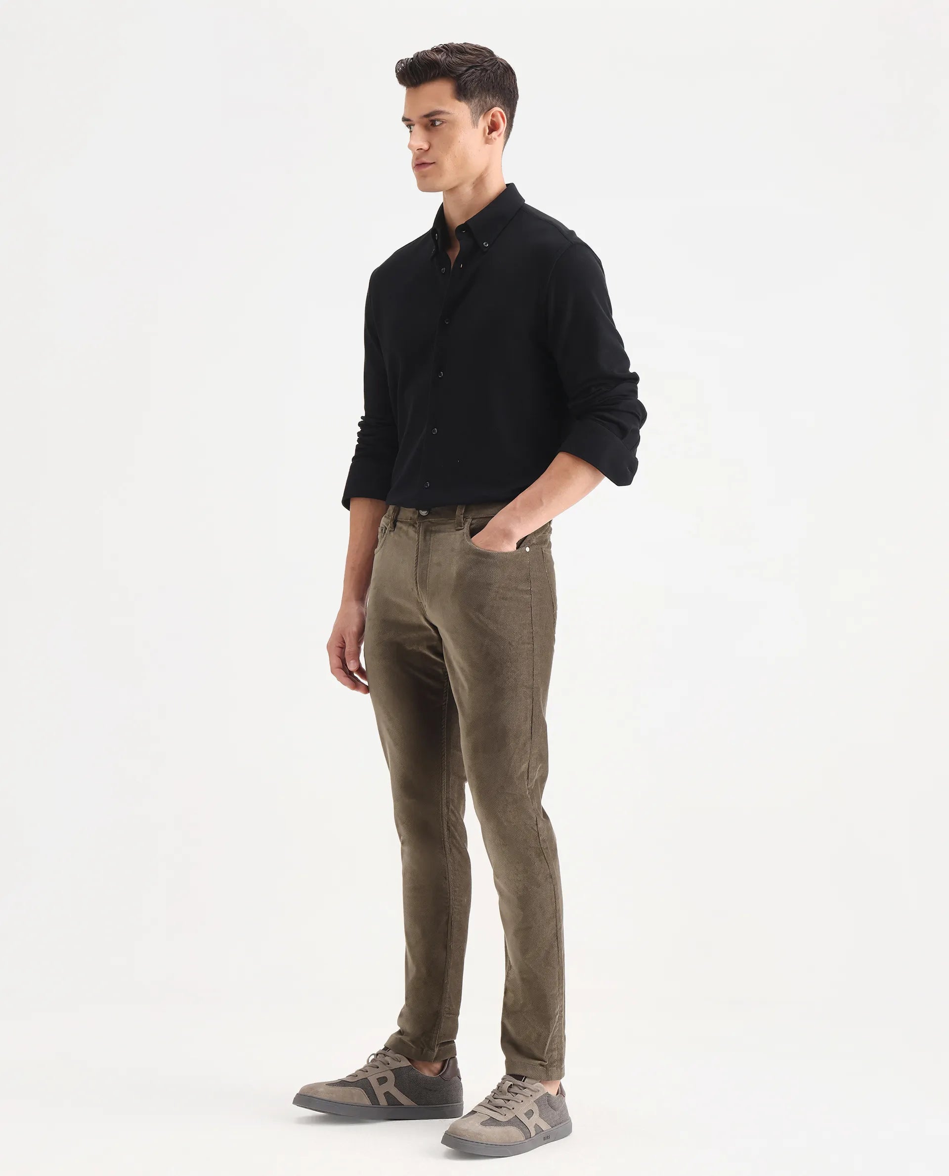 Rare Rabbit Men's Nahor Brown Cotton Plain Regular Fit Trouser