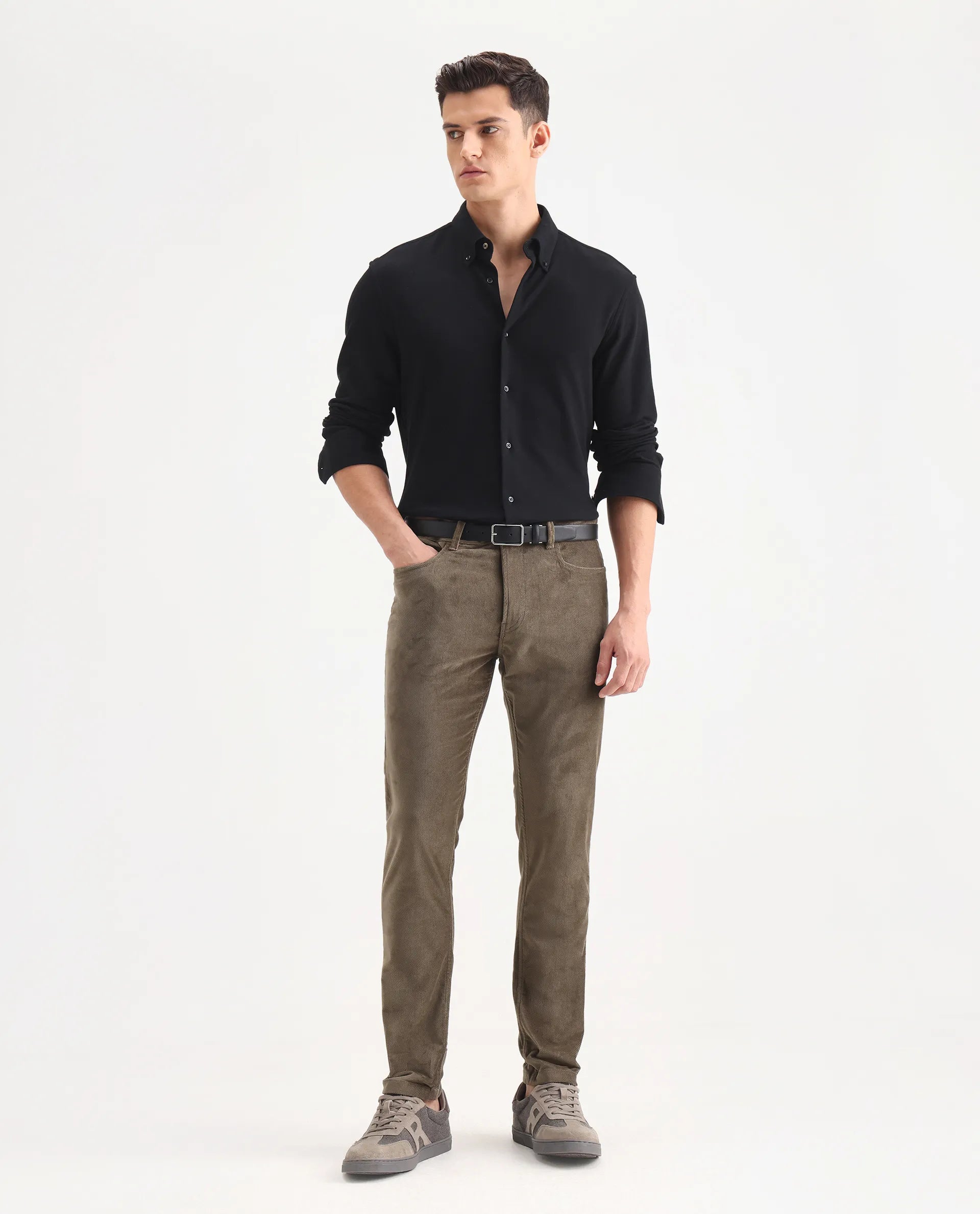 Rare Rabbit Men's Nahor Brown Cotton Plain Regular Fit Trouser