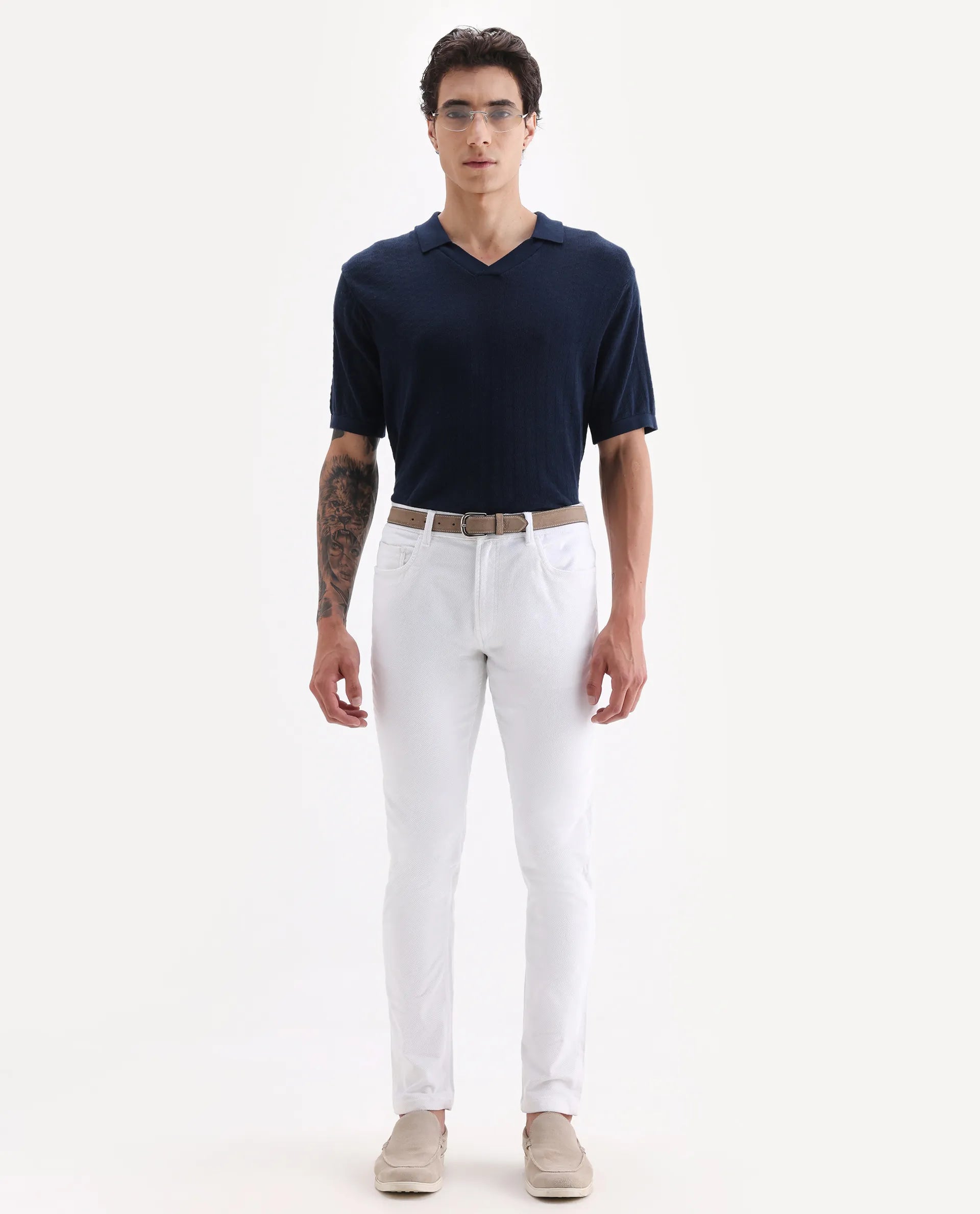 Rare Rabbit Men's Nahor White Cotton Plain Regular Fit Trouser