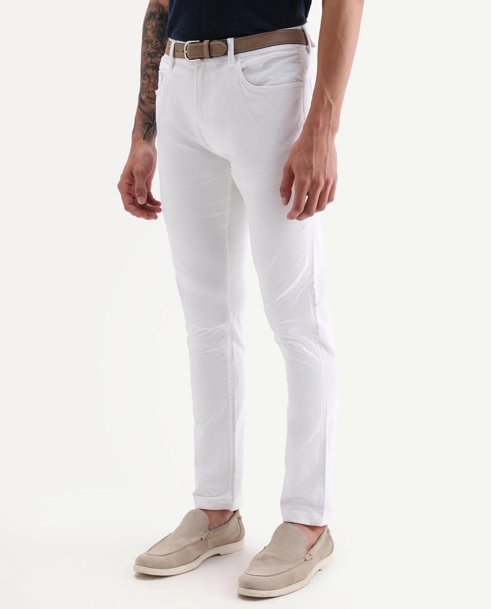 Rare Rabbit Men's Nahor White Cotton Plain Regular Fit Trouser