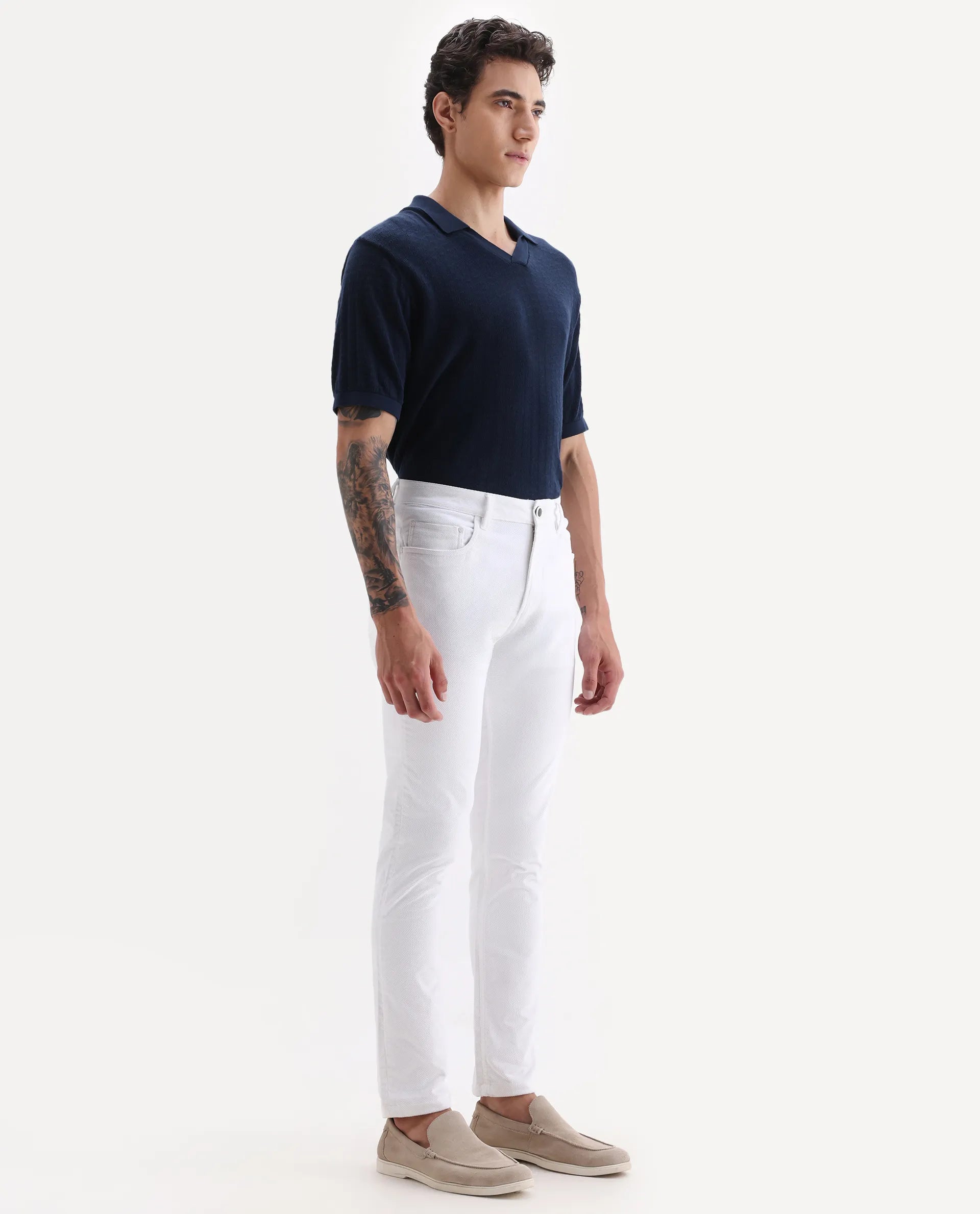 Rare Rabbit Men's Nahor White Cotton Plain Regular Fit Trouser