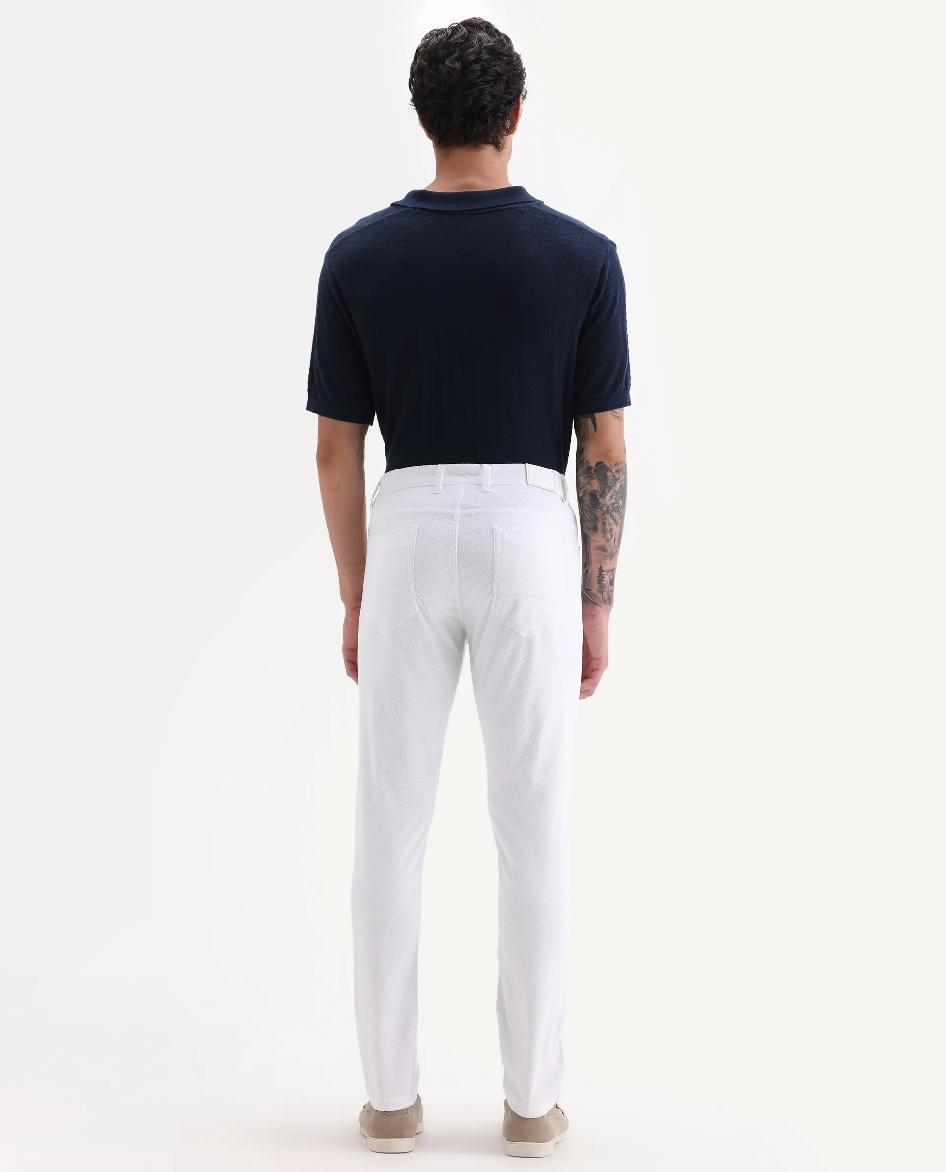 Rare Rabbit Men's Nahor White Cotton Plain Regular Fit Trouser