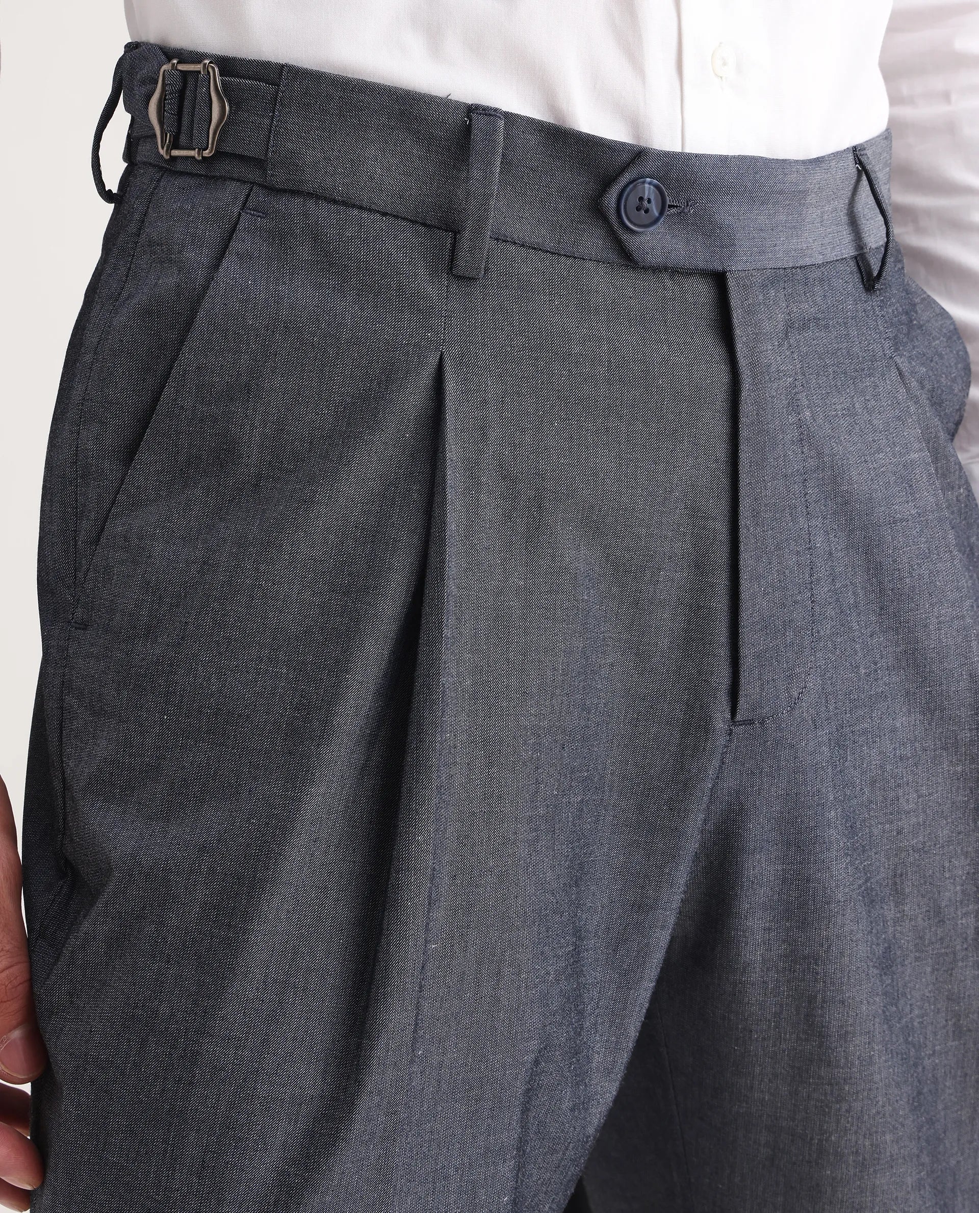 Rare Rabbit Men's Naji Blue Cotton Blend Plain Relaxed Fit Trouser