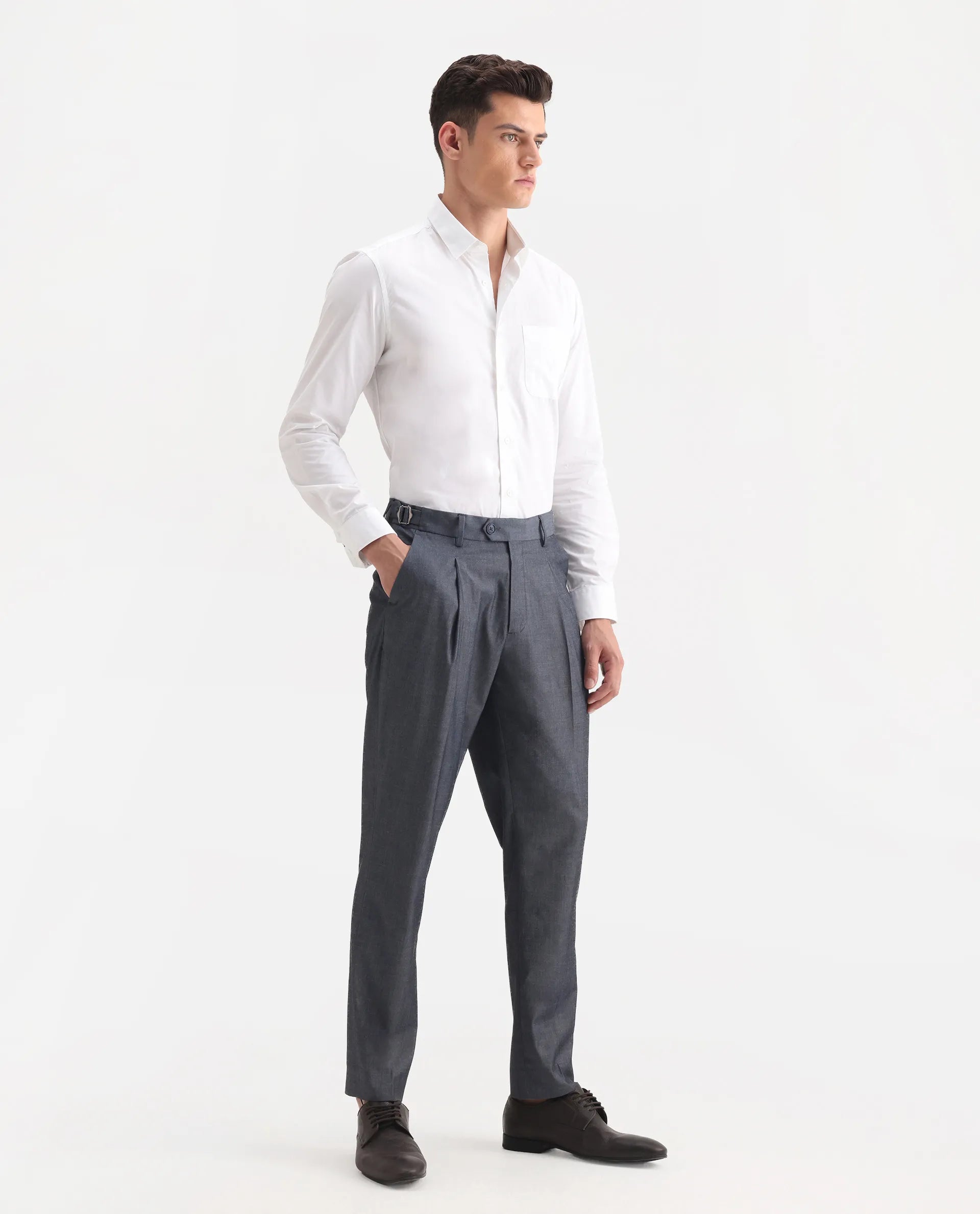 Rare Rabbit Men's Naji Blue Cotton Blend Plain Relaxed Fit Trouser