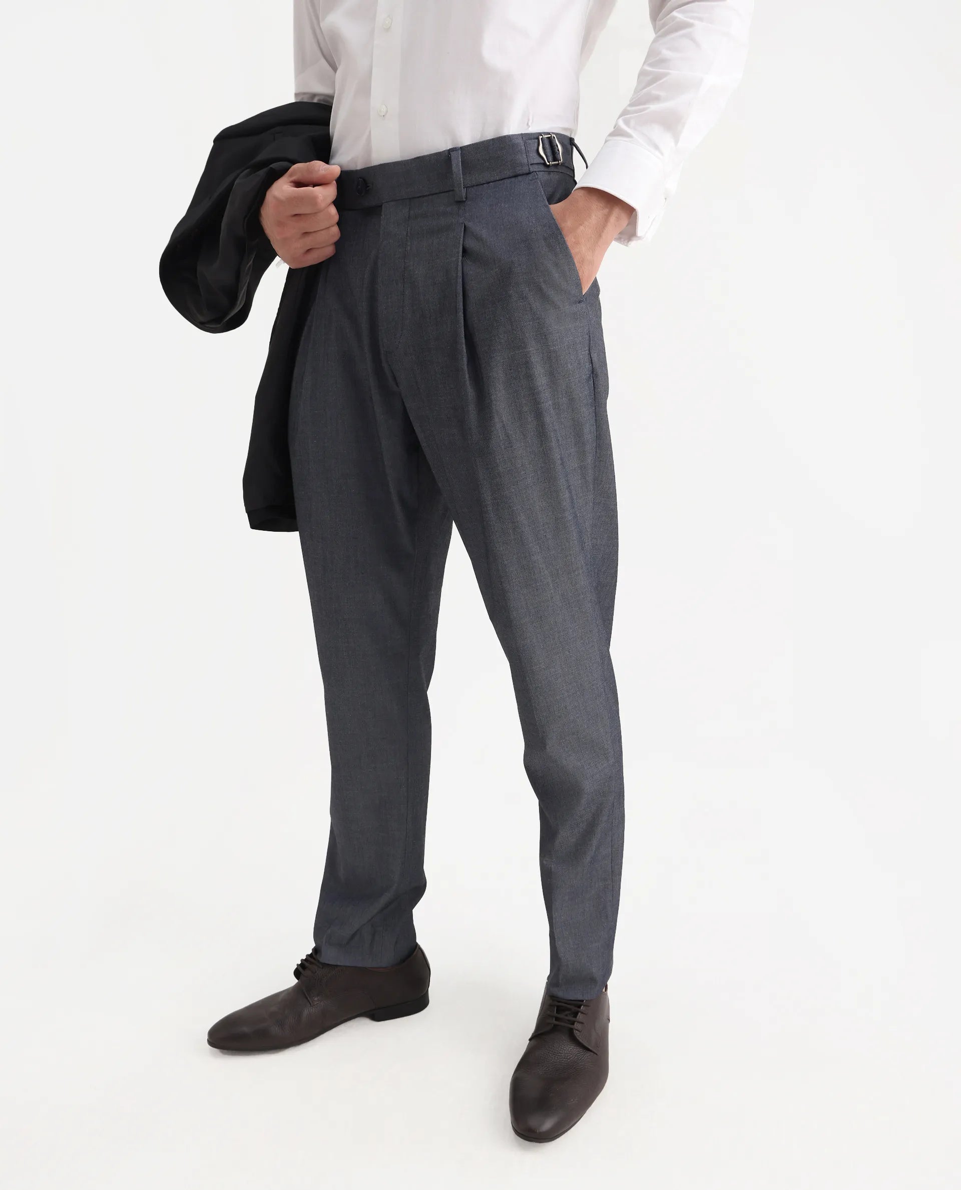 Rare Rabbit Men's Naji Blue Cotton Blend Plain Relaxed Fit Trouser