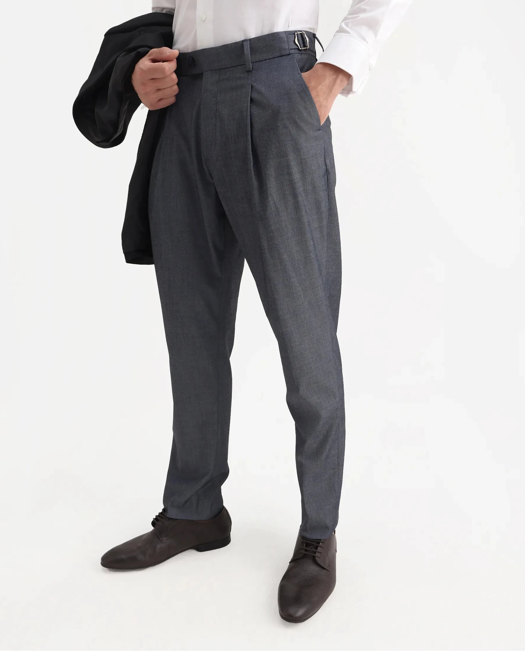 Rare Rabbit Men's Naji Blue Polyester Blend Plain Relaxed Fit Gurkha Trouser